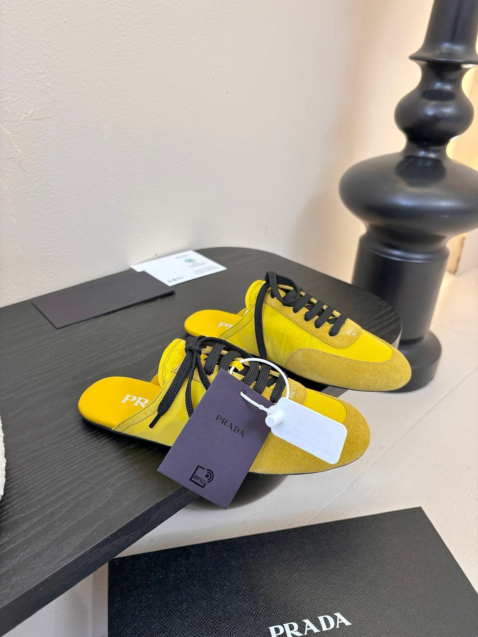 PRADA SNEAKER MULES IN YELLOW NYLON AND SUEDE