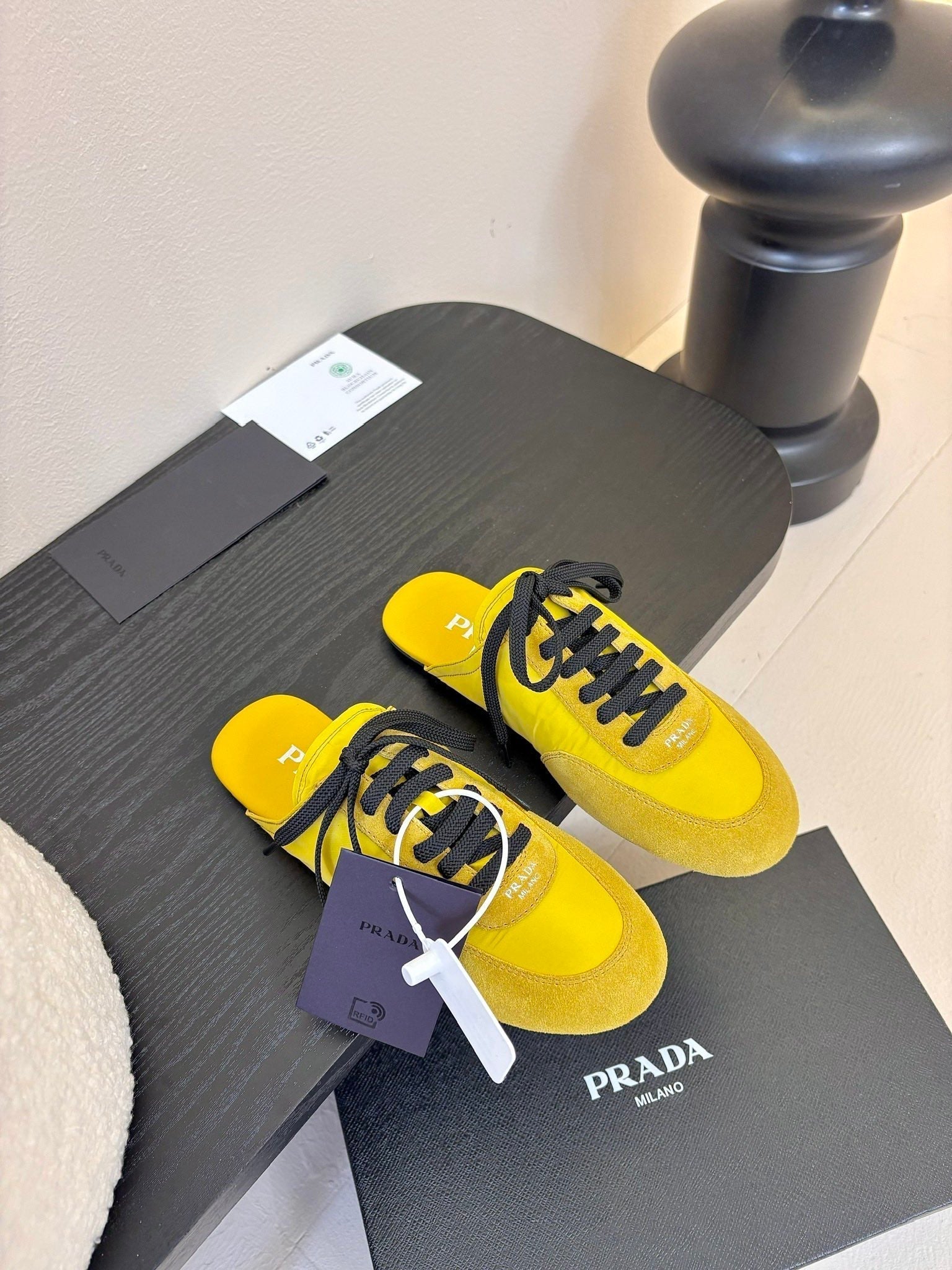 PRADA SNEAKER MULES IN YELLOW NYLON AND SUEDE