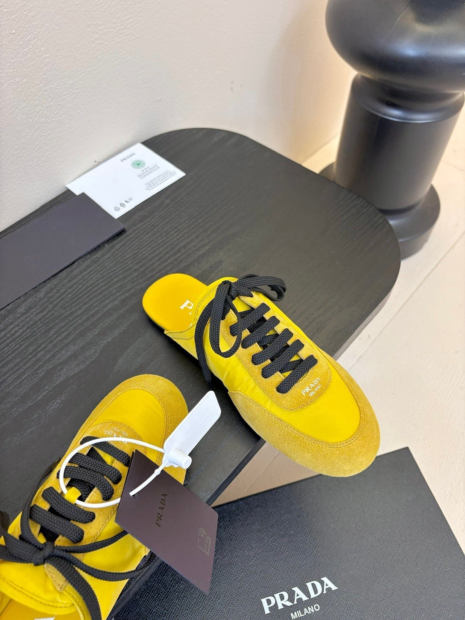 PRADA SNEAKER MULES IN YELLOW NYLON AND SUEDE