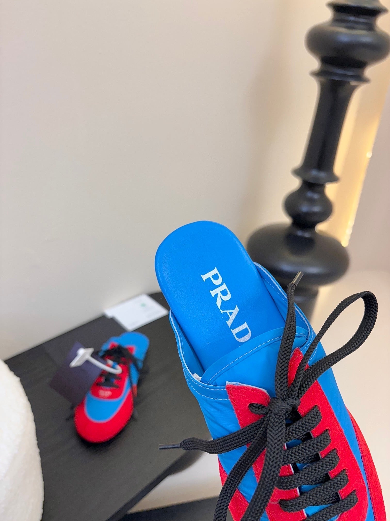 PRADA SNEAKER MULES IN BLUE NYLON AND RED SUEDE