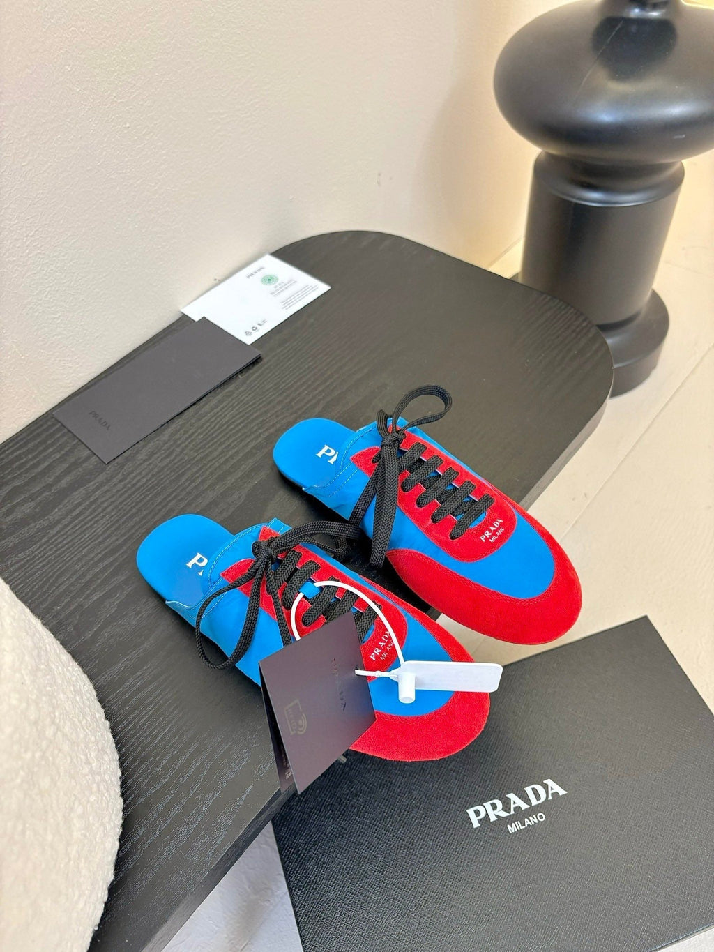 PRADA SNEAKER MULES IN BLUE NYLON AND RED SUEDE