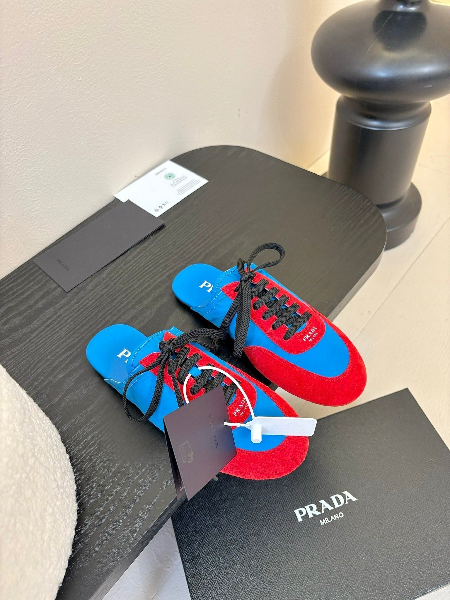 PRADA SNEAKER MULES IN BLUE NYLON AND RED SUEDE