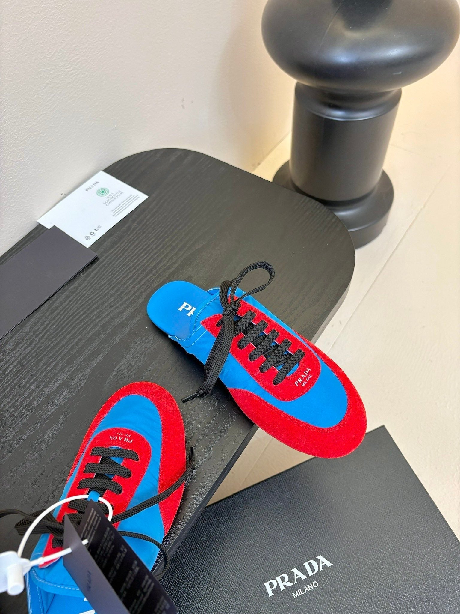 PRADA SNEAKER MULES IN BLUE NYLON AND RED SUEDE