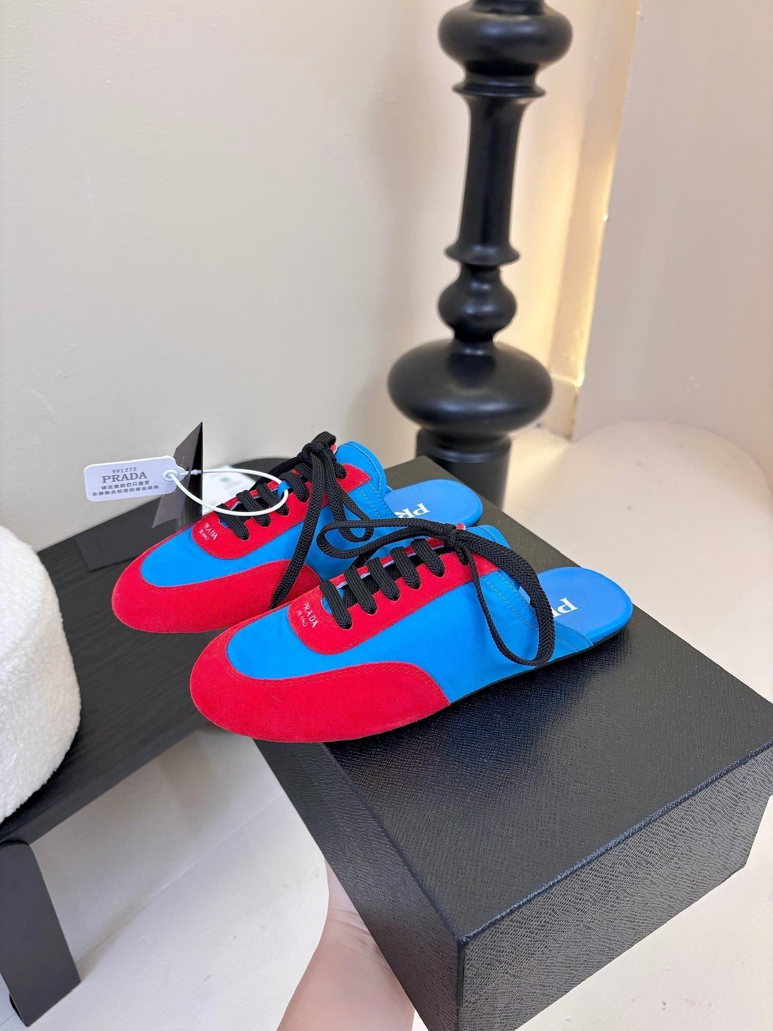 PRADA SNEAKER MULES IN BLUE NYLON AND RED SUEDE