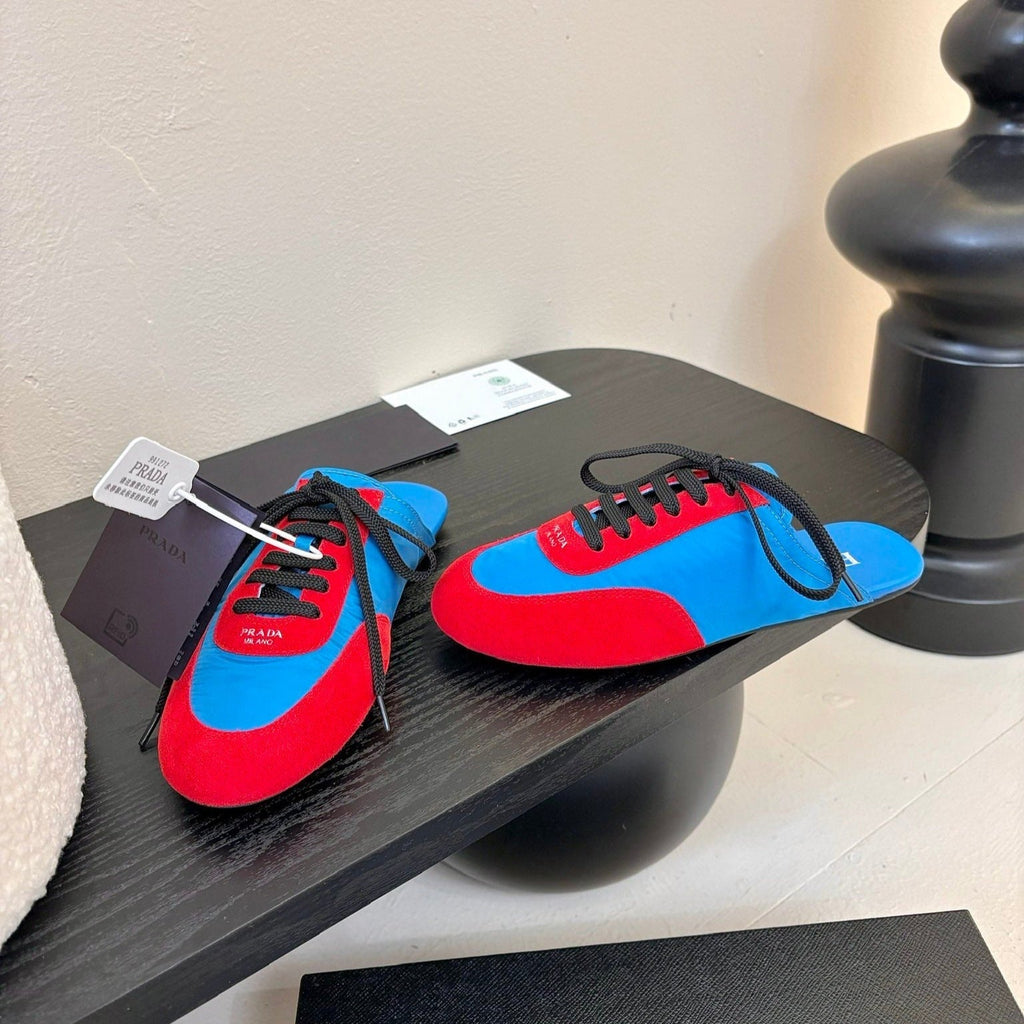 PRADA SNEAKER MULES IN BLUE NYLON AND RED SUEDE