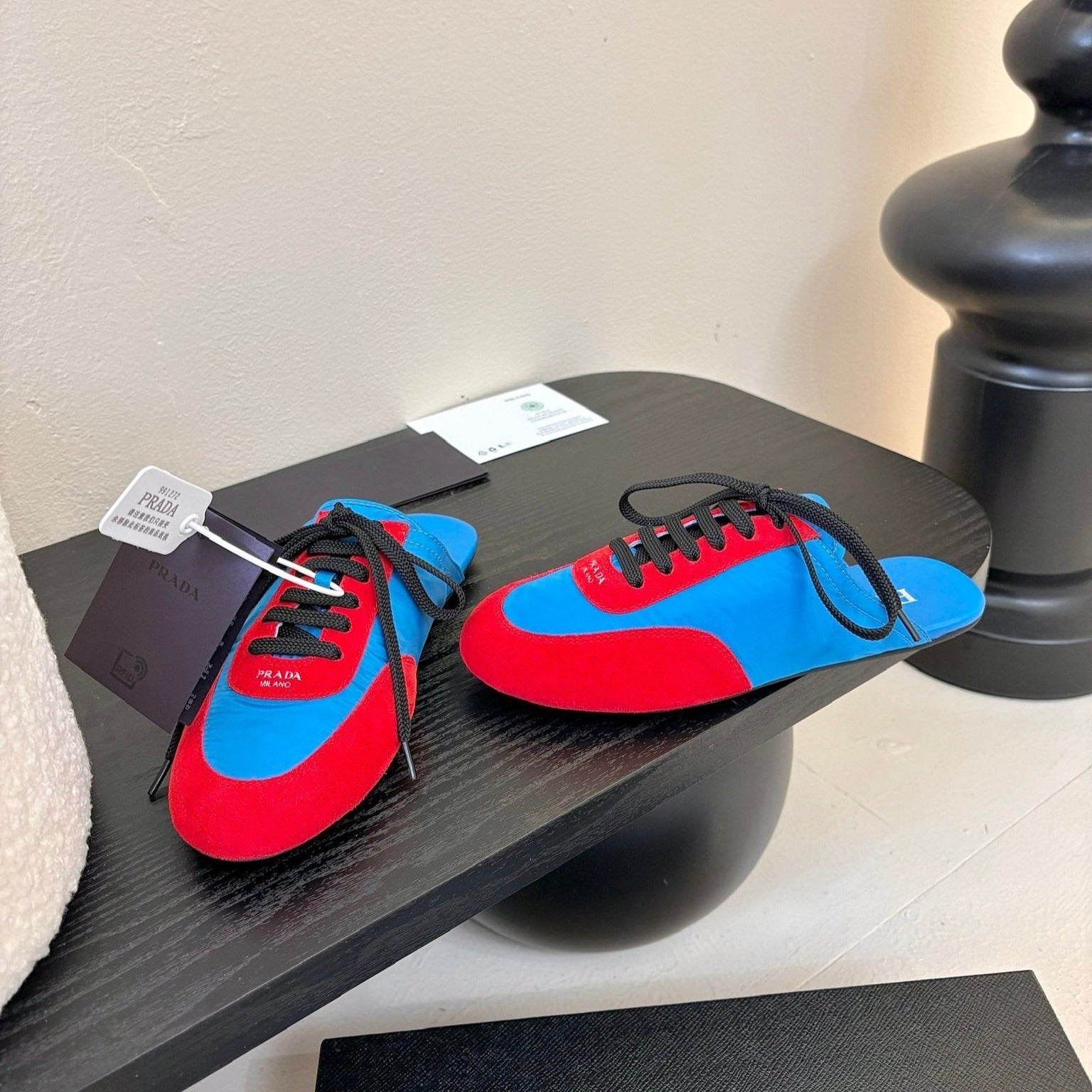 PRADA SNEAKER MULES IN BLUE NYLON AND RED SUEDE