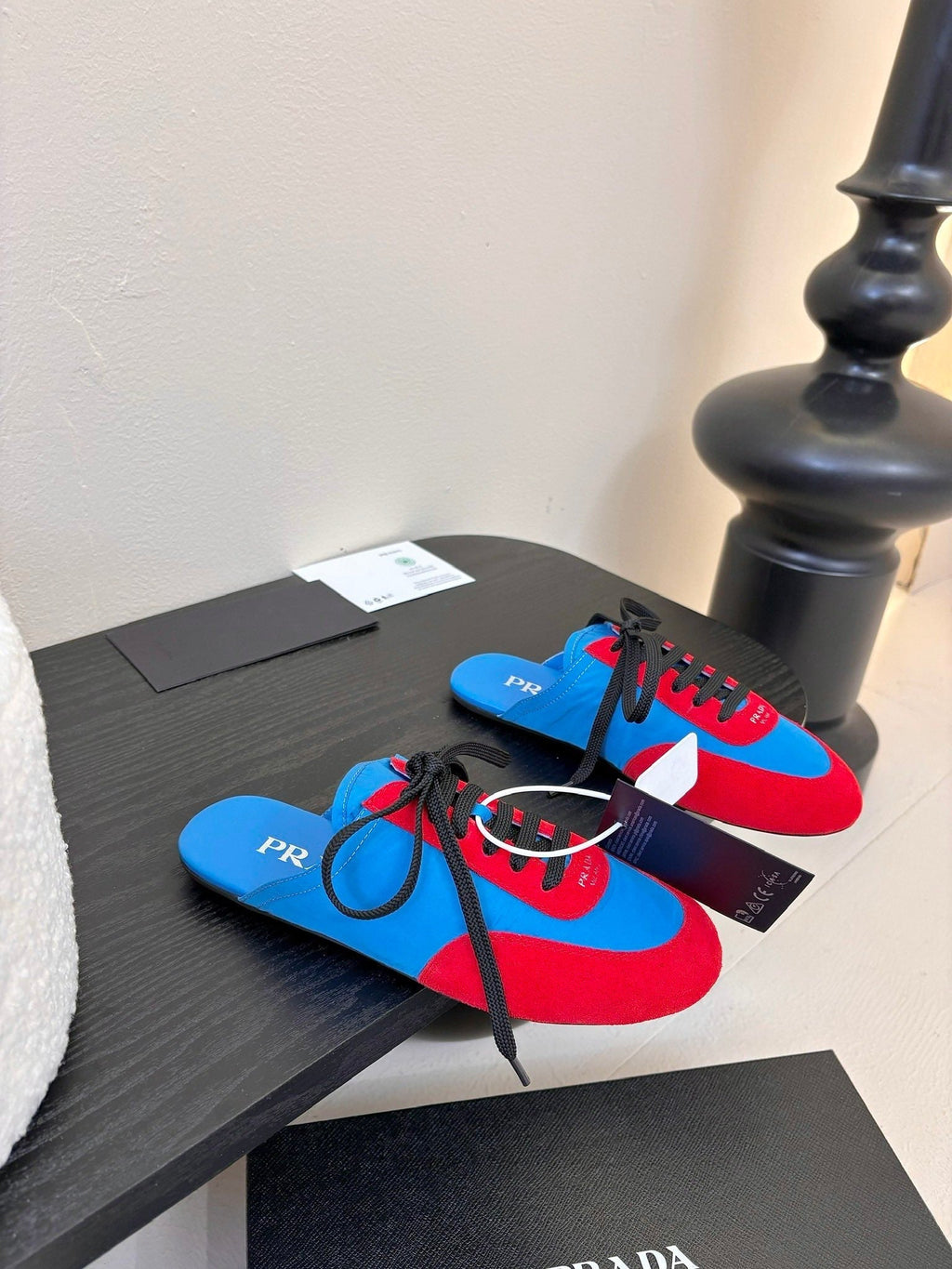 PRADA SNEAKER MULES IN BLUE NYLON AND RED SUEDE