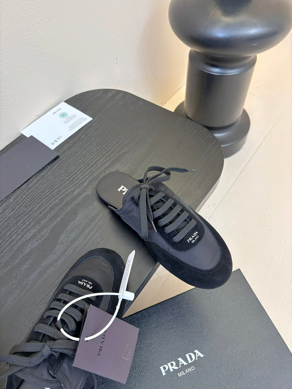 PRADA SNEAKER MULES IN BLACK NYLON AND SUEDE