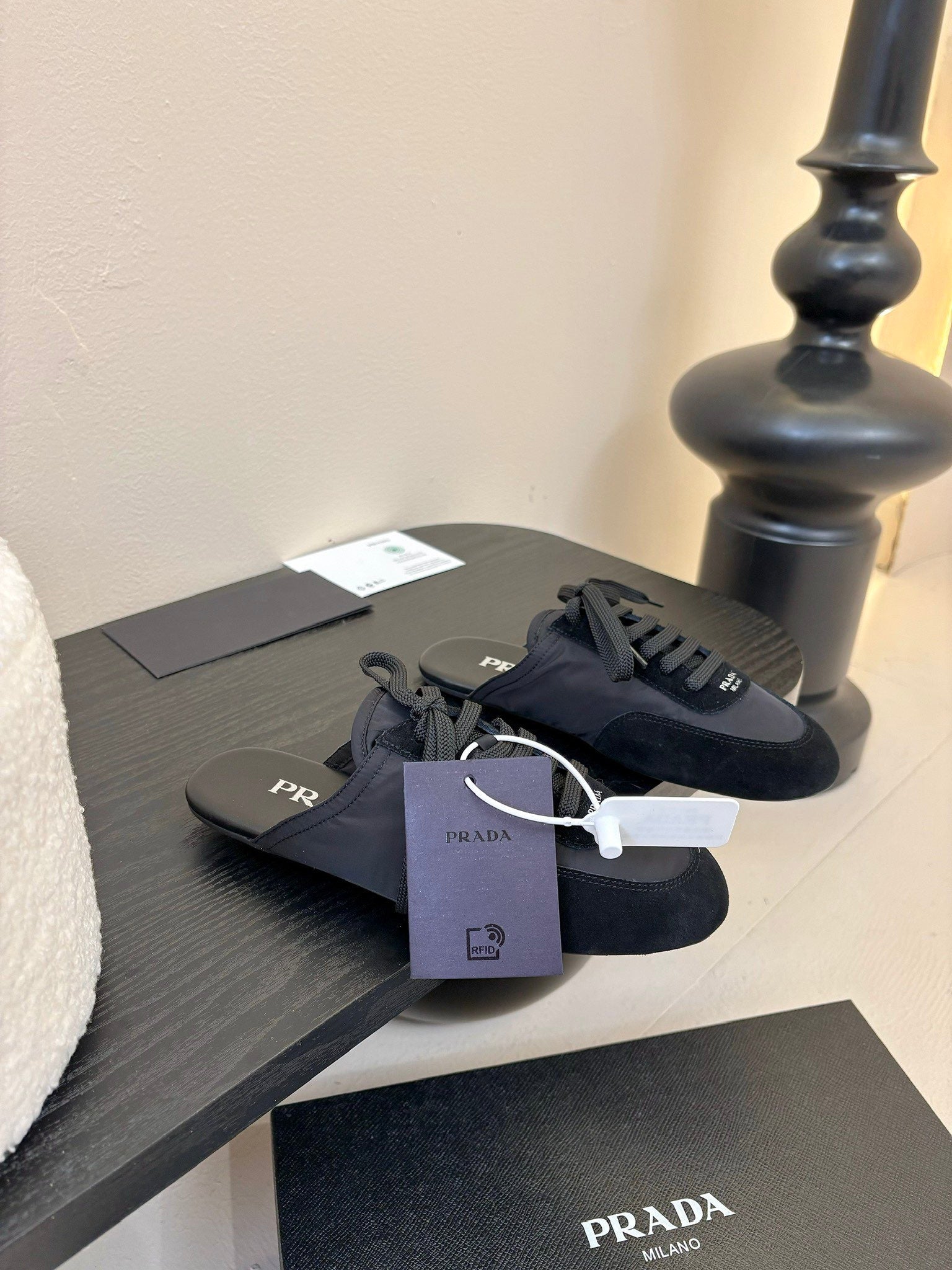 PRADA SNEAKER MULES IN BLACK NYLON AND SUEDE