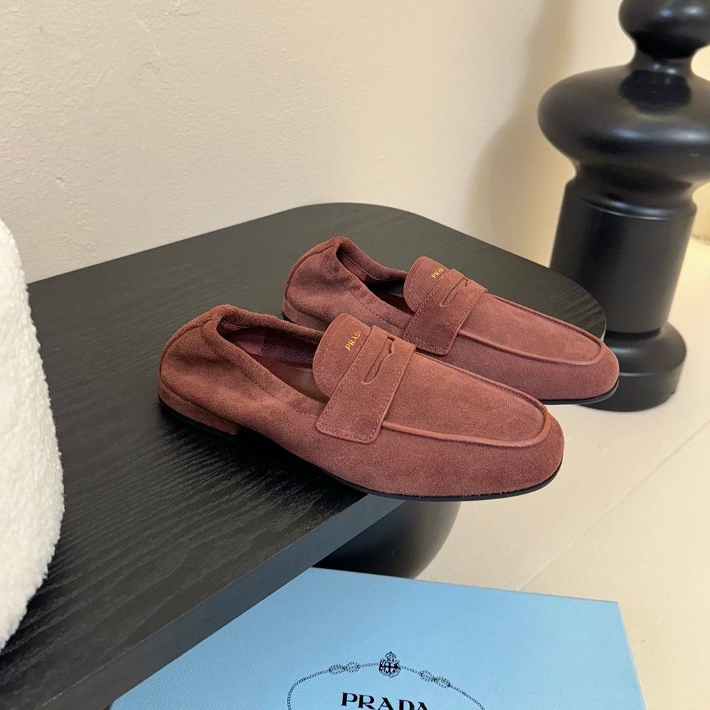 PRADA 25S SHUFFLE LOAFERS IN RK BROWN SUEDE