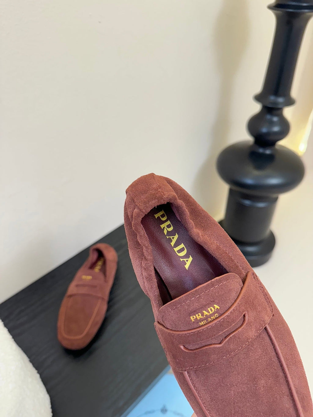PRADA 25S SHUFFLE LOAFERS IN RK BROWN SUEDE