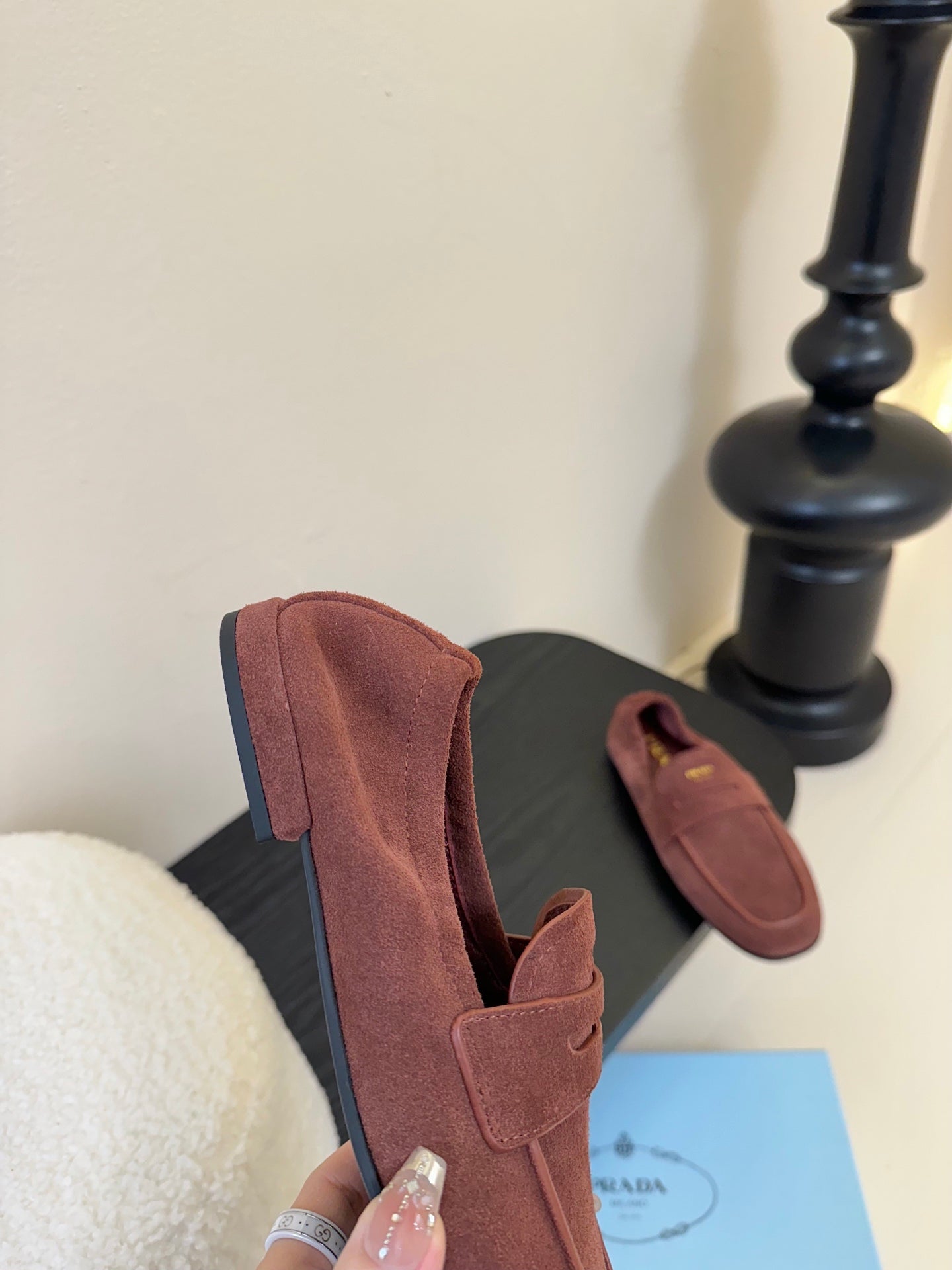 PRADA 25S SHUFFLE LOAFERS IN RK BROWN SUEDE