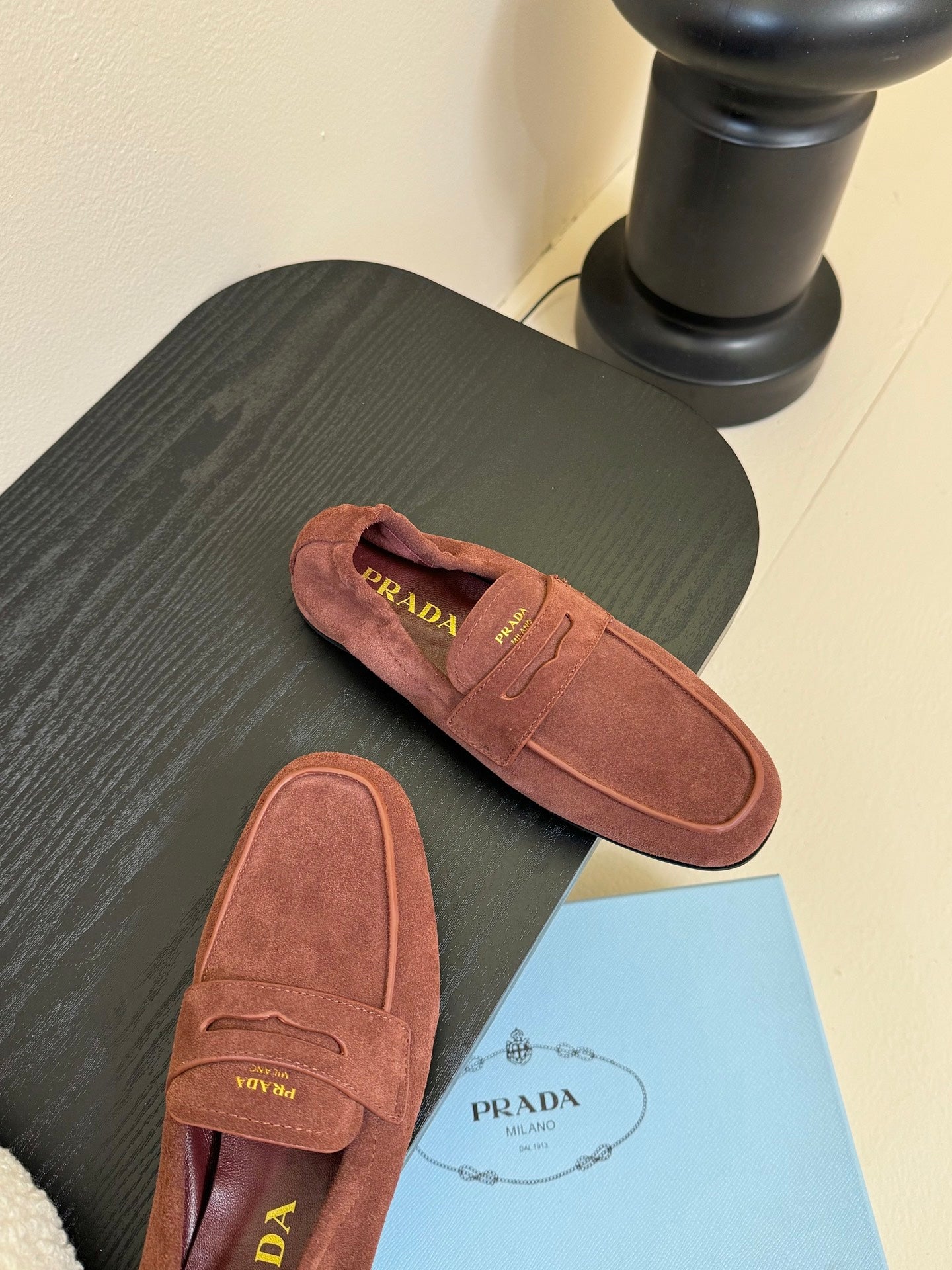 PRADA 25S SHUFFLE LOAFERS IN RK BROWN SUEDE
