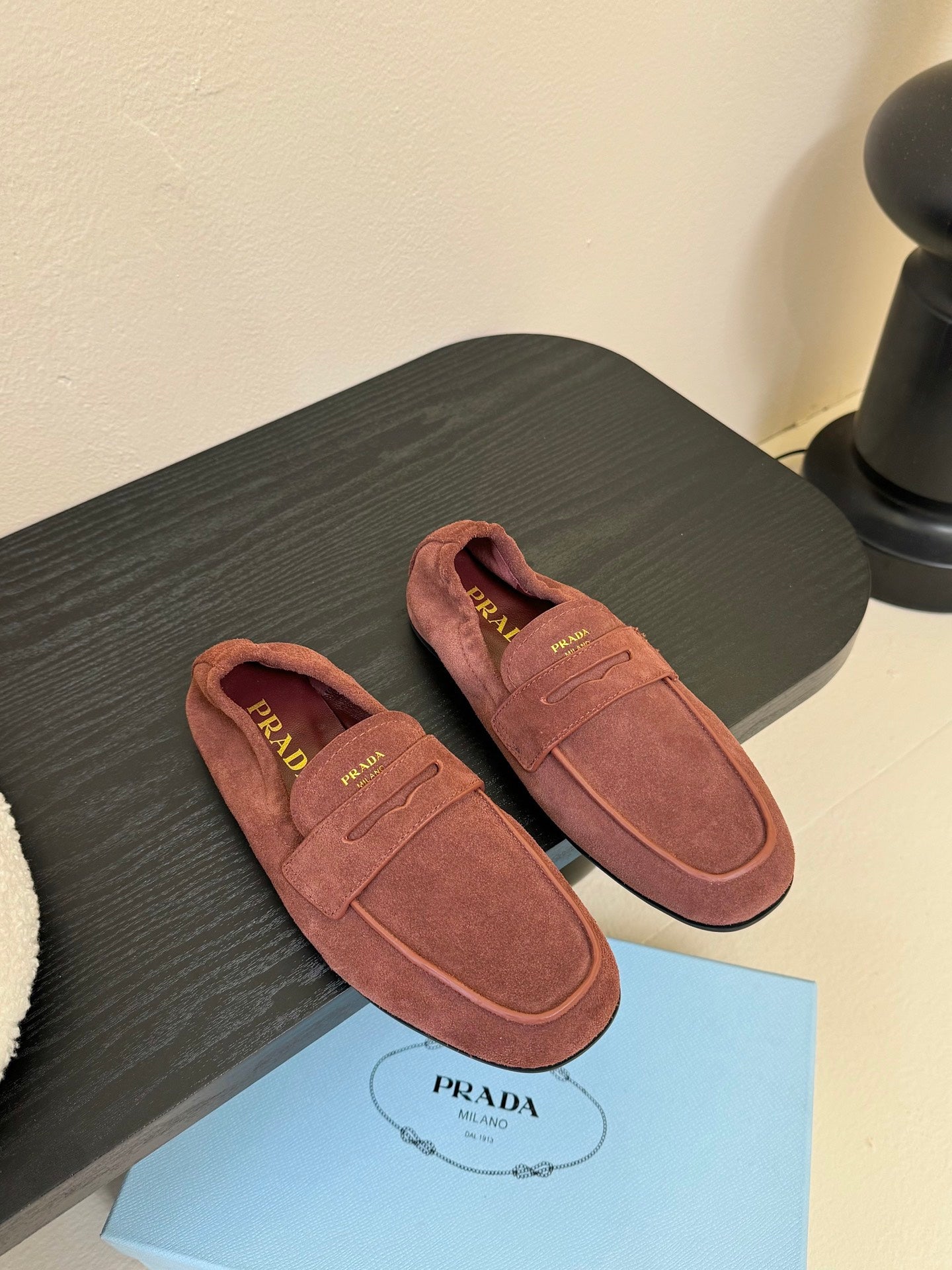 PRADA 25S SHUFFLE LOAFERS IN RK BROWN SUEDE