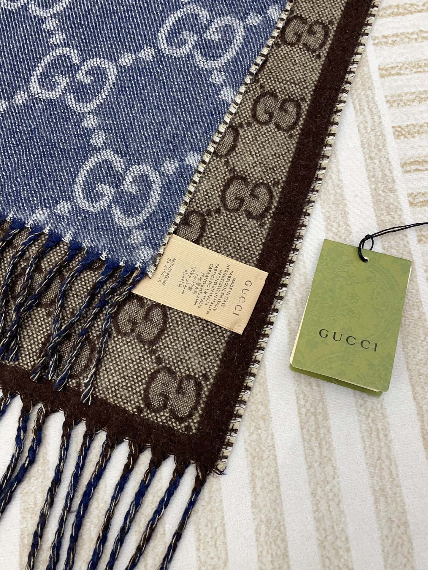 GUCCI JACQUARD WOOL SCARF DENIM BLUE MIX COFFEE BROWN 398286