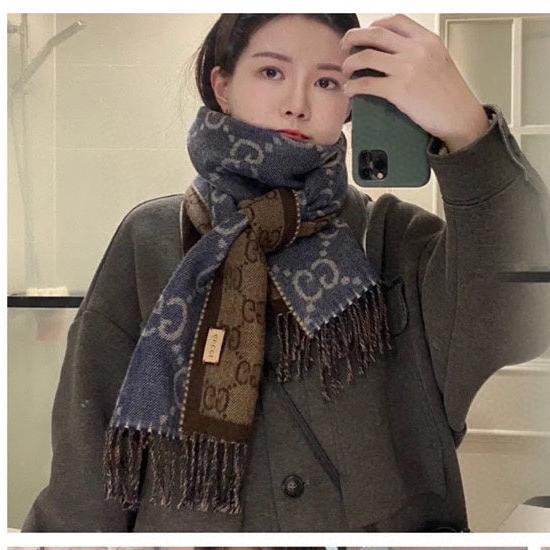 GUCCI JACQUARD WOOL SCARF DENIM BLUE MIX COFFEE BROWN 398286