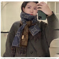 GUCCI JACQUARD WOOL SCARF DENIM BLUE MIX COFFEE BROWN 398286