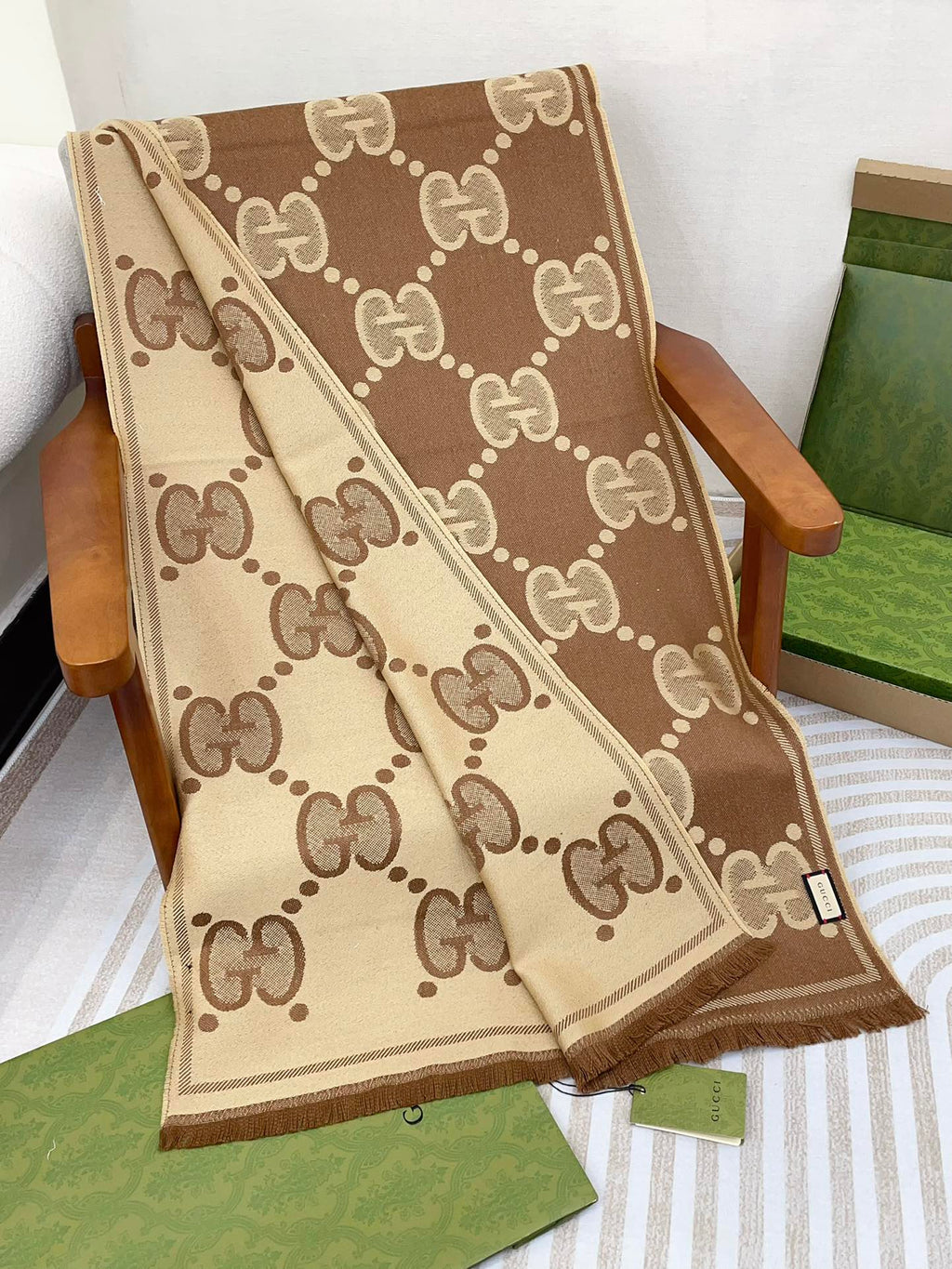 GUCCI DOUBLE-SIDED SCARF 200 CM IN COFFEE AND TAN BROWN WOOL AND SILK 398287