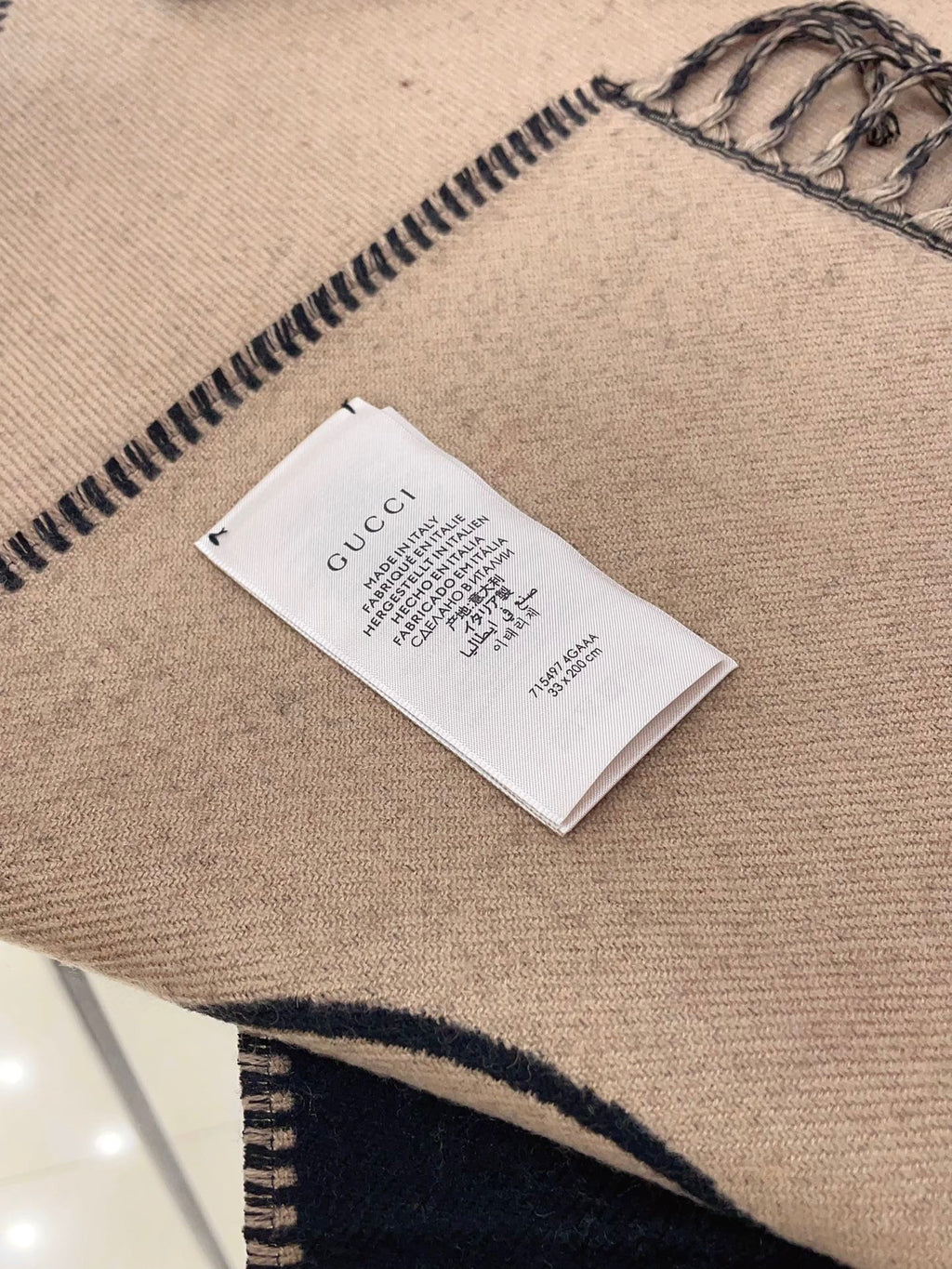 GUCCI CAMEL BEIGE AND BLACK WOOL WITH INTERLOCKING G SCARF 200 CM