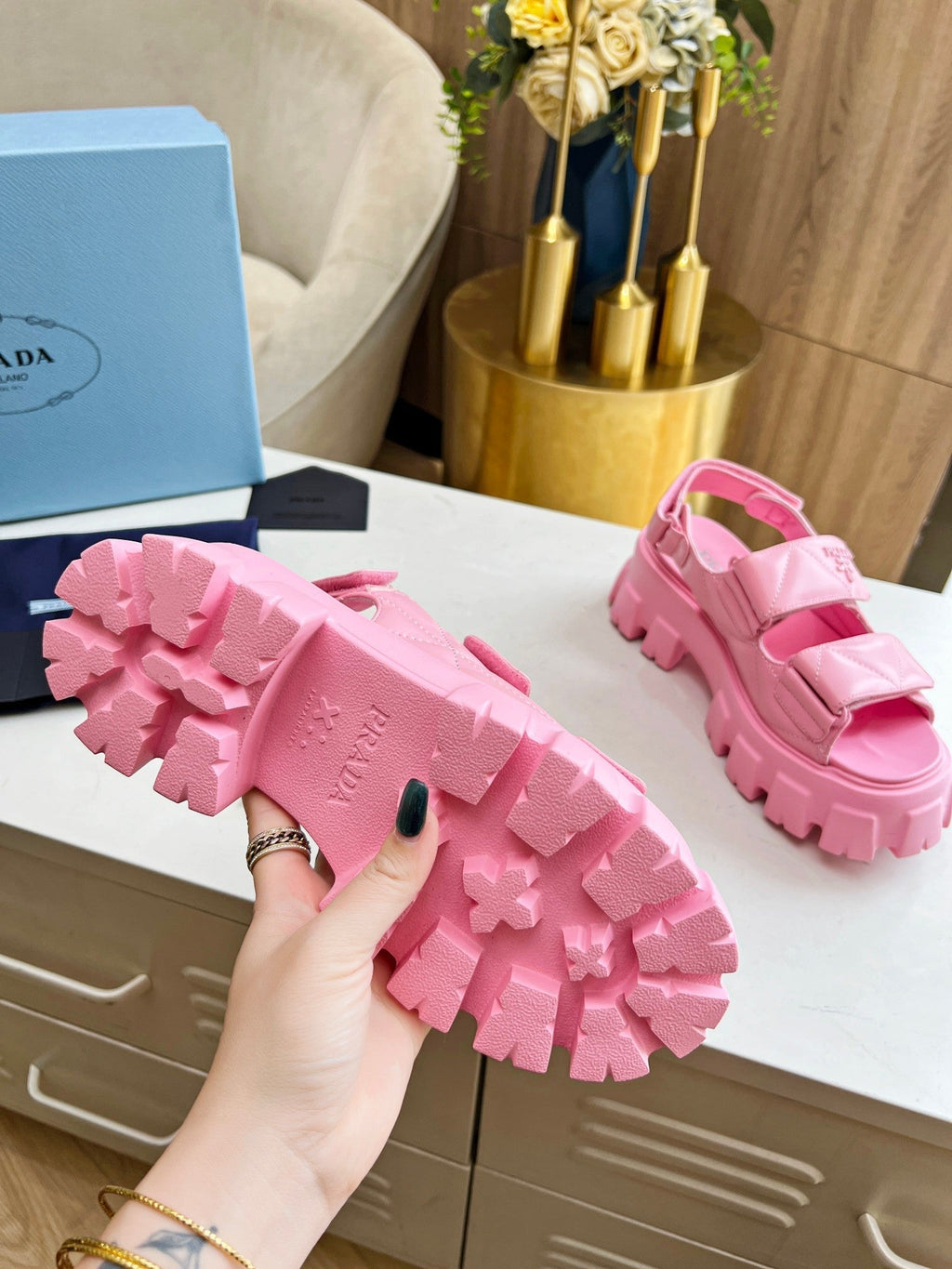 PRADA MONOLITH NAPPA SANLS BRIGHT PINK LAMBSKIN