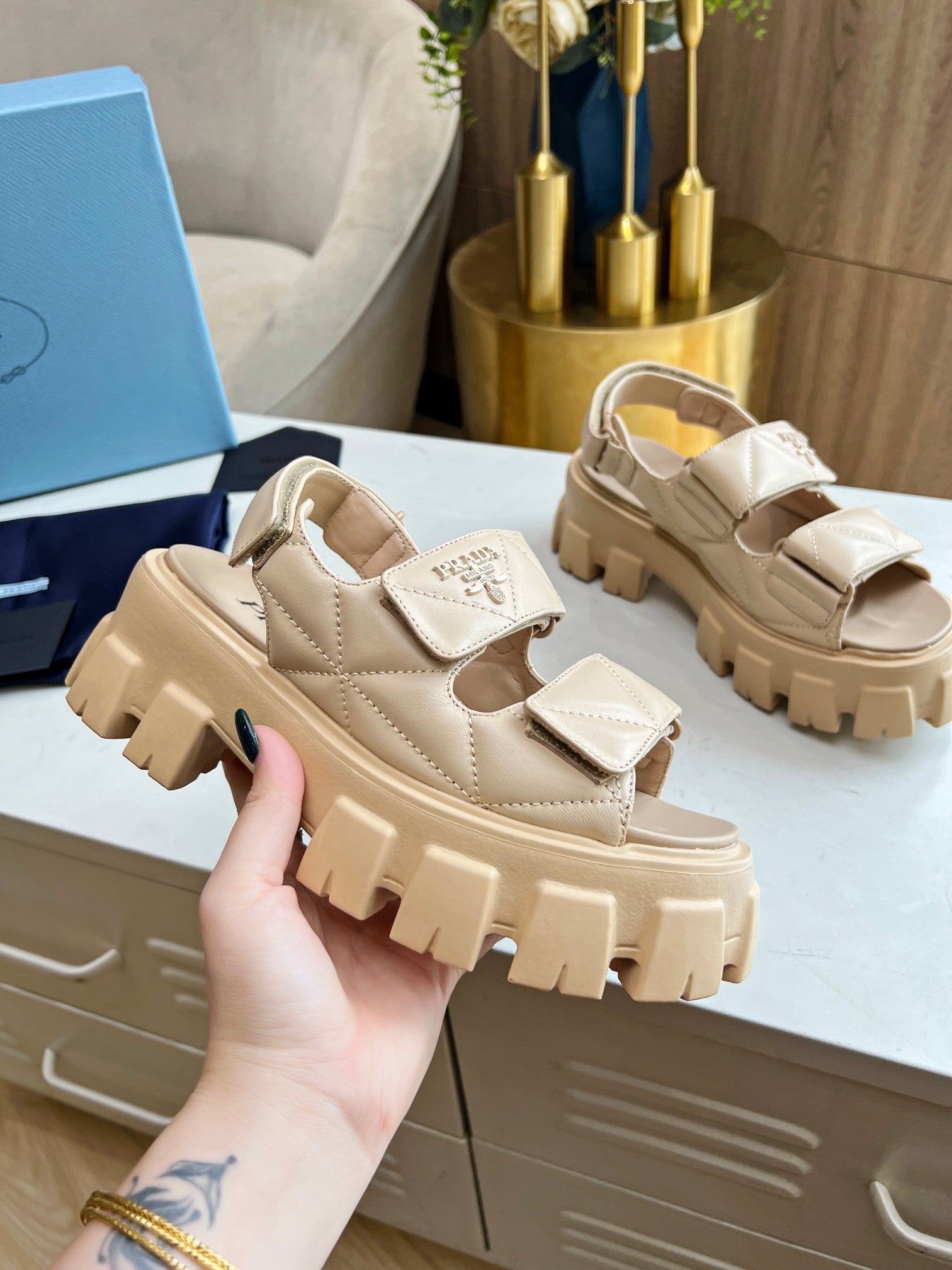PRADA MONOLITH NAPPA SANLS BEIGE LAMBSKIN