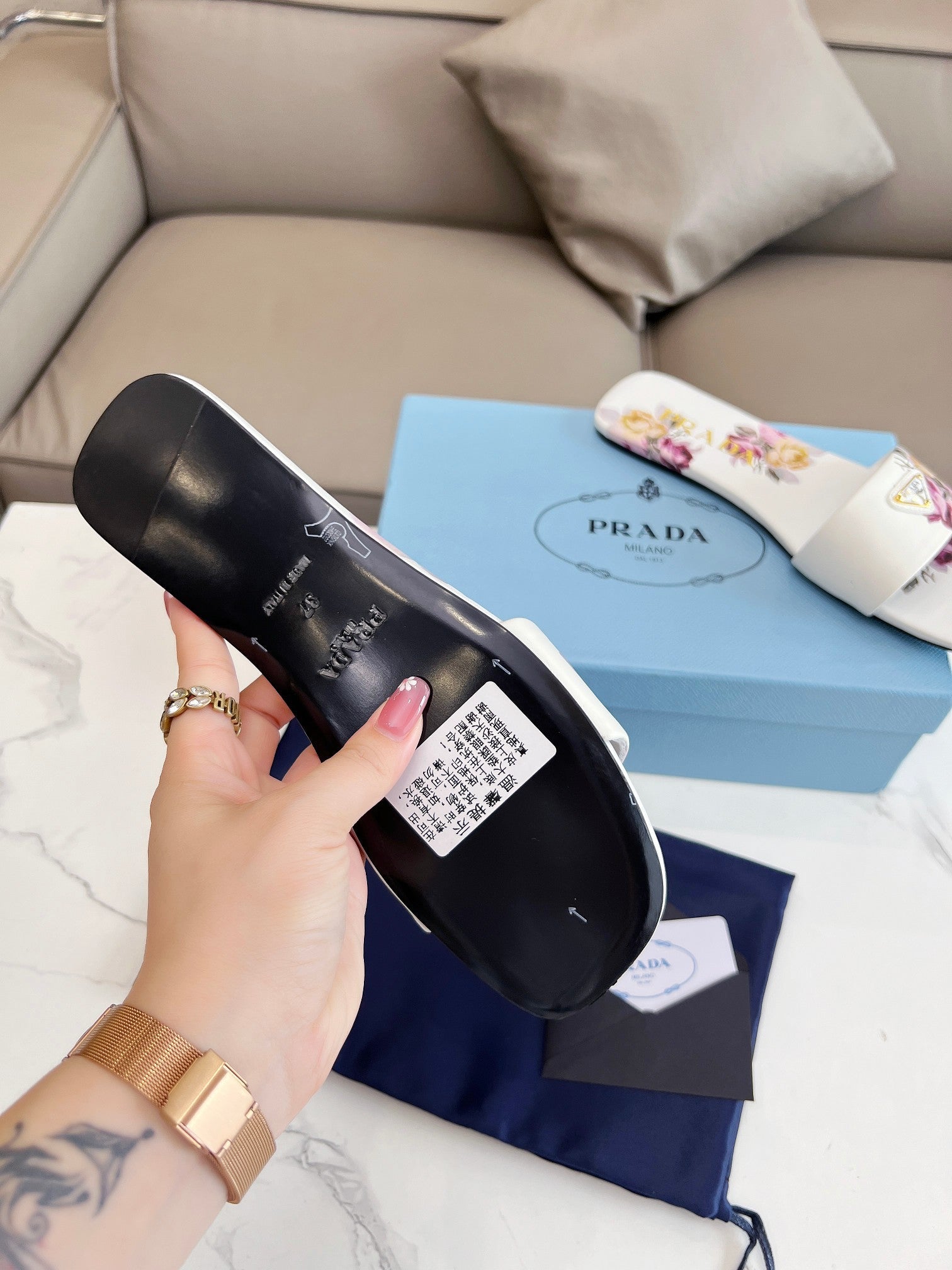 PRADA PRINTED SLIDES SLIPPERS WHITE LAMBSKIN
