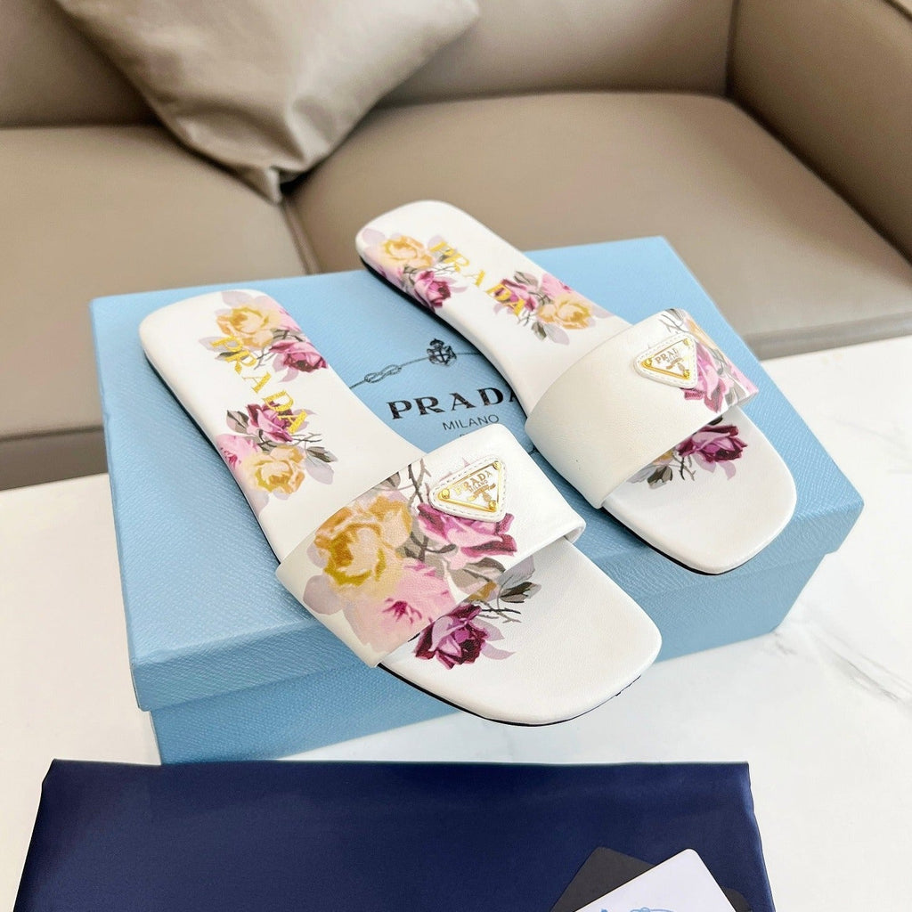 PRADA PRINTED SLIDES SLIPPERS WHITE LAMBSKIN