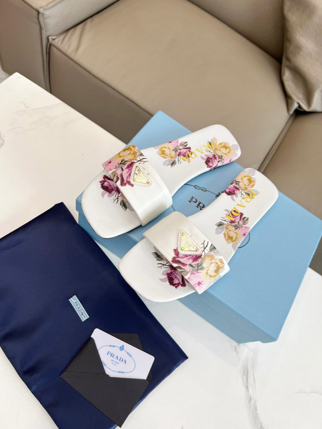 PRADA PRINTED SLIDES SLIPPERS WHITE LAMBSKIN