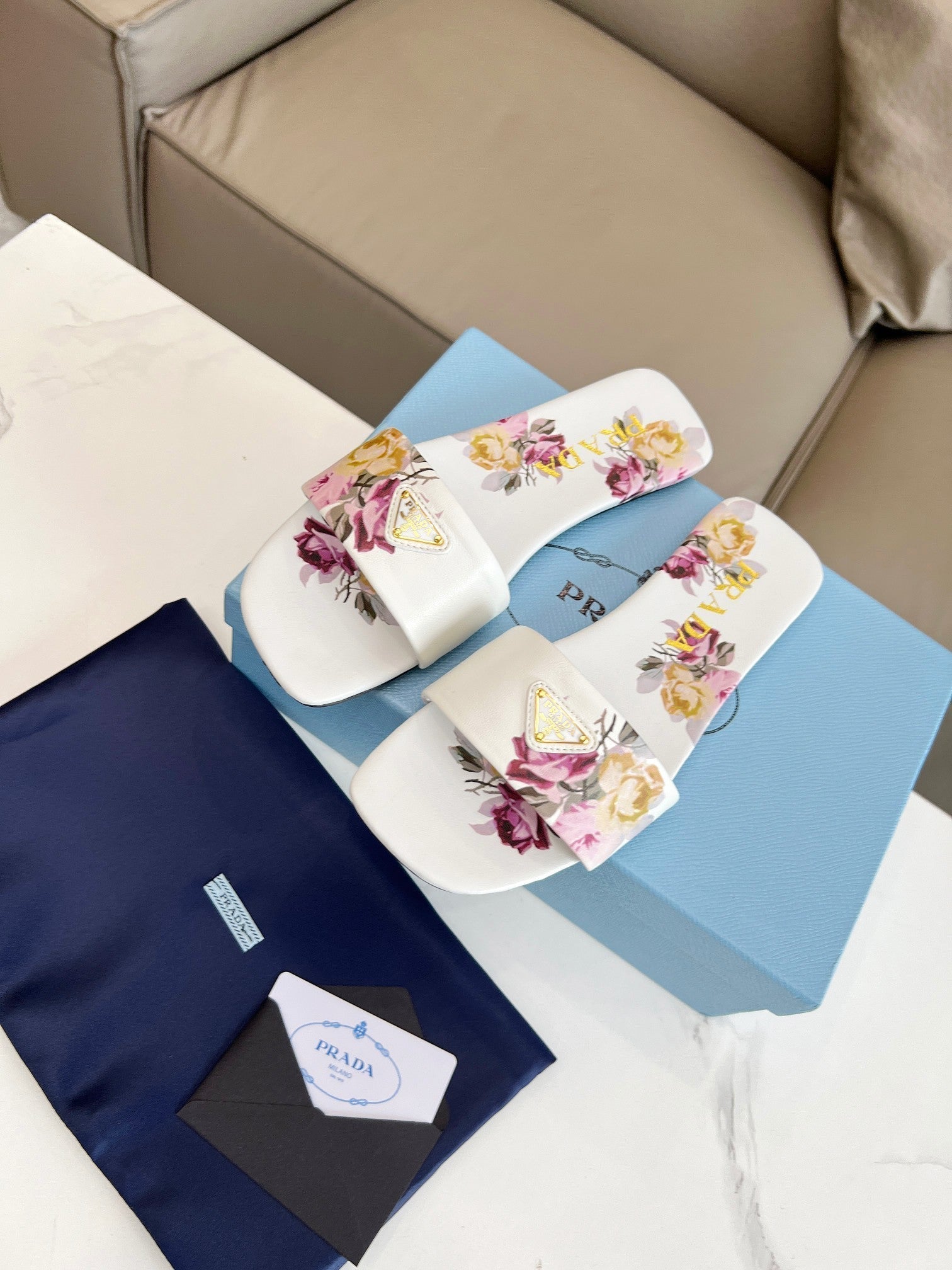 PRADA PRINTED SLIDES SLIPPERS WHITE LAMBSKIN