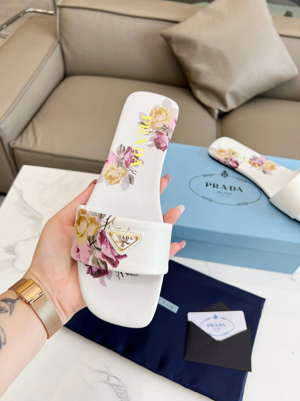 PRADA PRINTED SLIDES SLIPPERS WHITE LAMBSKIN