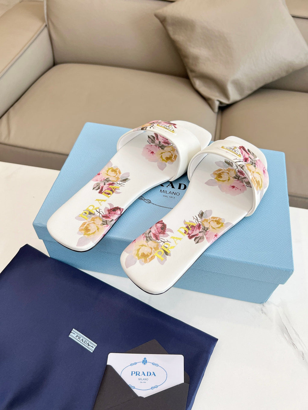 PRADA PRINTED SLIDES SLIPPERS WHITE LAMBSKIN