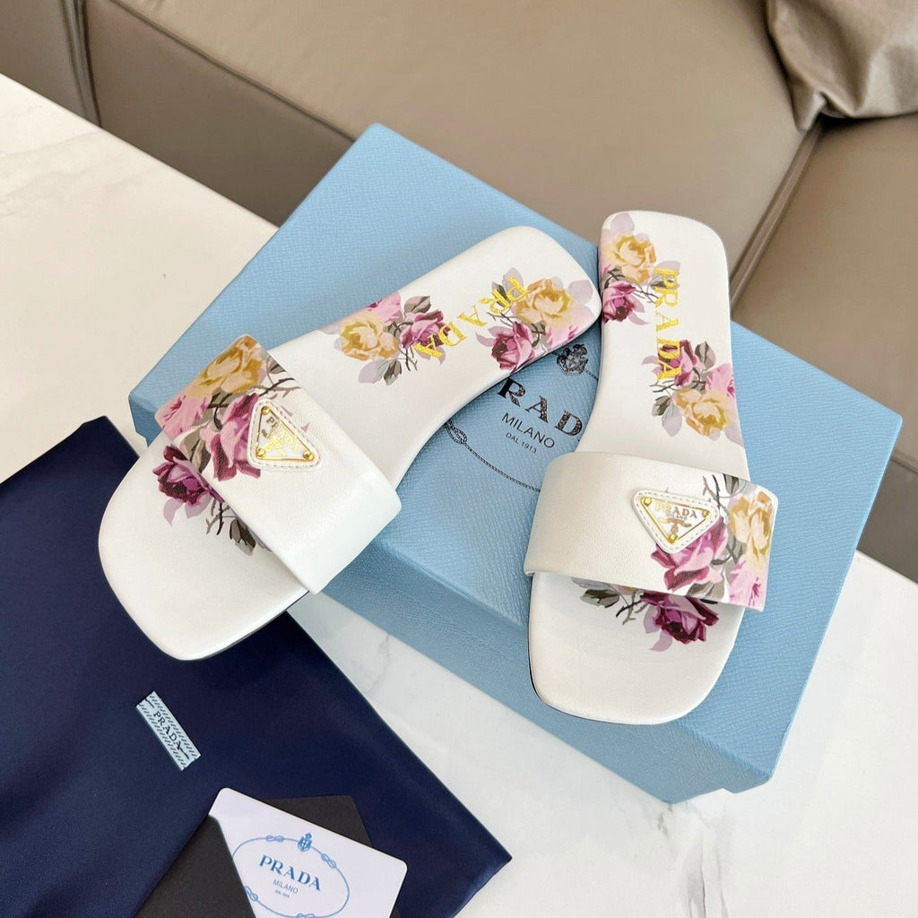 PRADA PRINTED SLIDES SLIPPERS WHITE LAMBSKIN