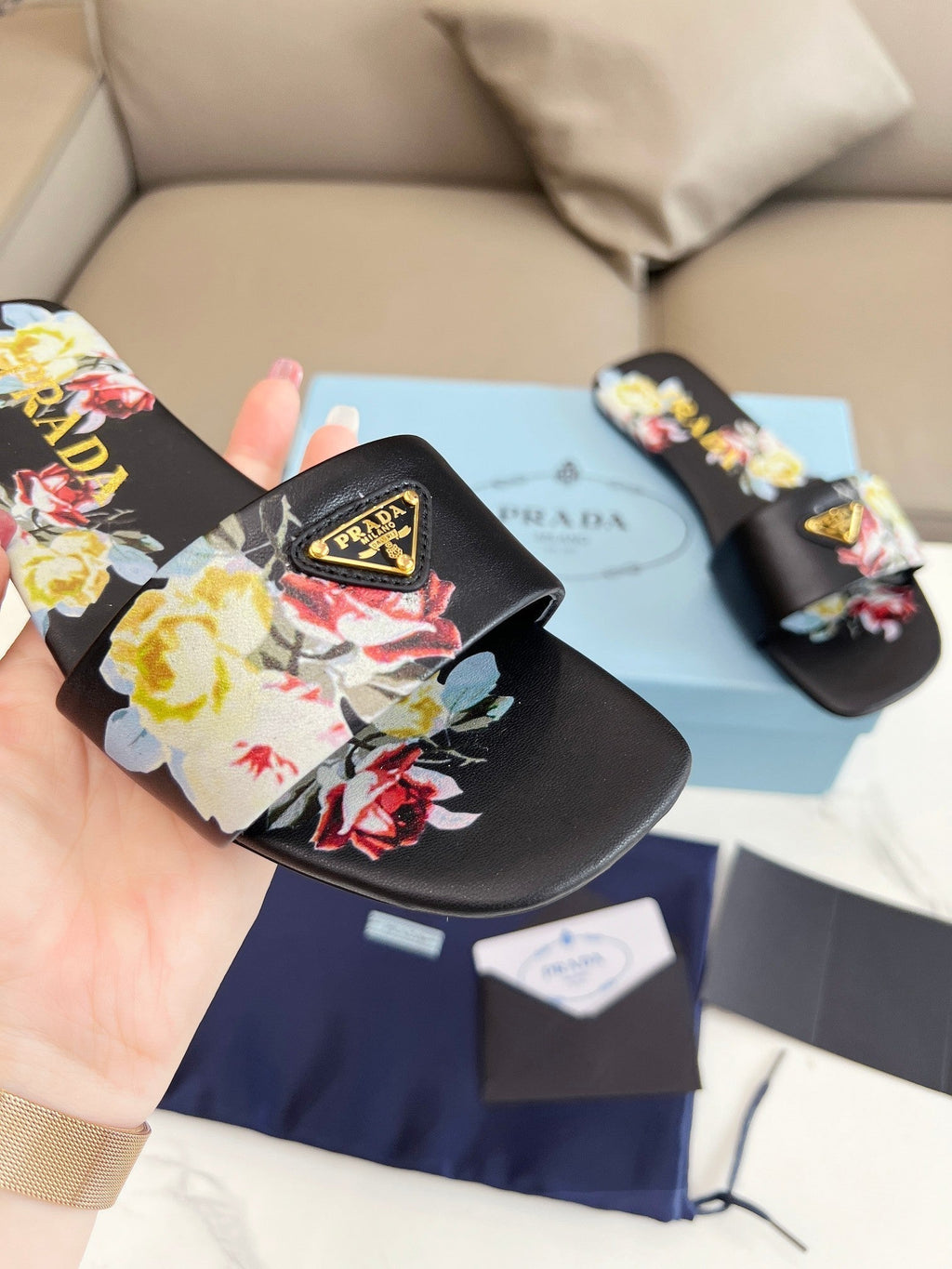 PRADA PRINTED SLIDES SLIPPERS BLACK LAMBSKIN