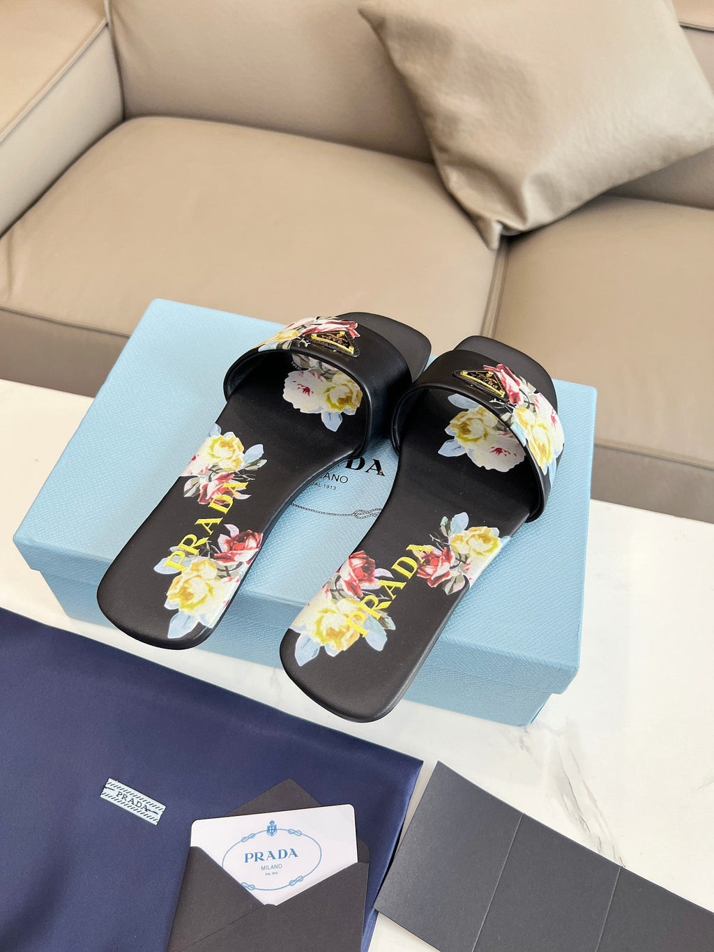 PRADA PRINTED SLIDES SLIPPERS BLACK LAMBSKIN