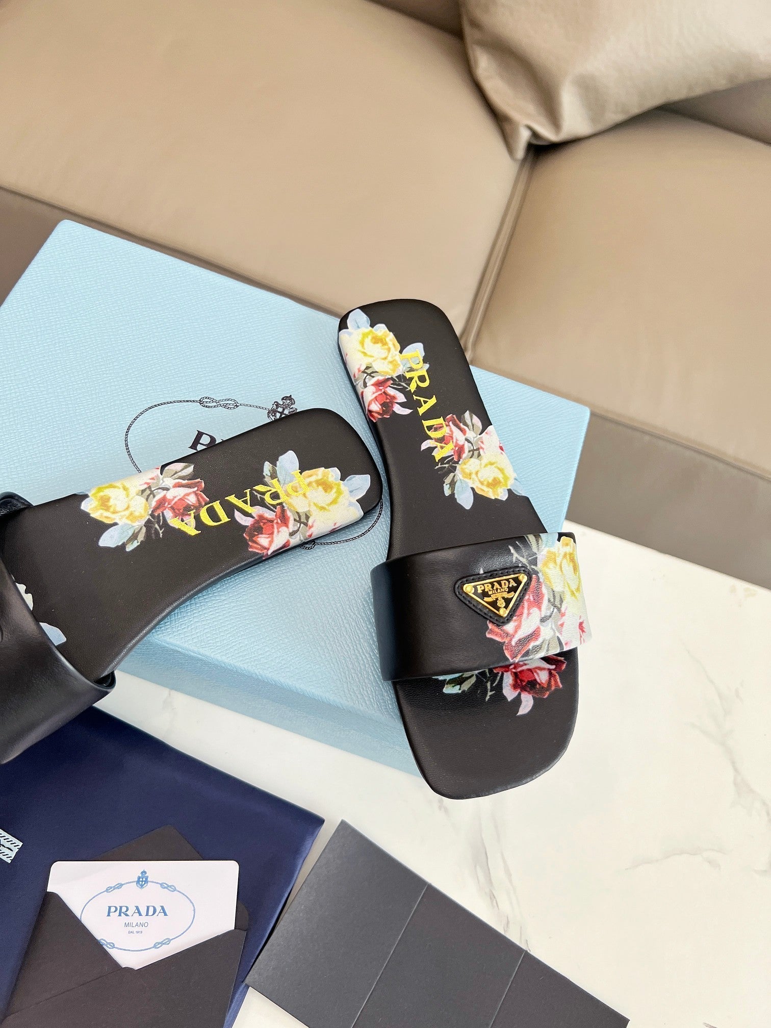 PRADA PRINTED SLIDES SLIPPERS BLACK LAMBSKIN
