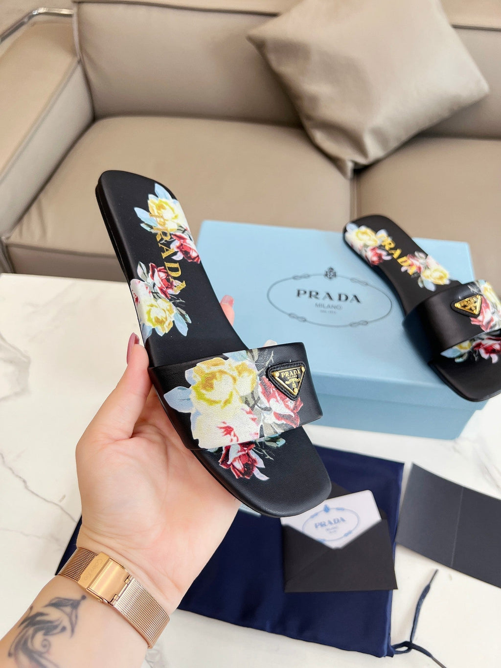 PRADA PRINTED SLIDES SLIPPERS BLACK LAMBSKIN