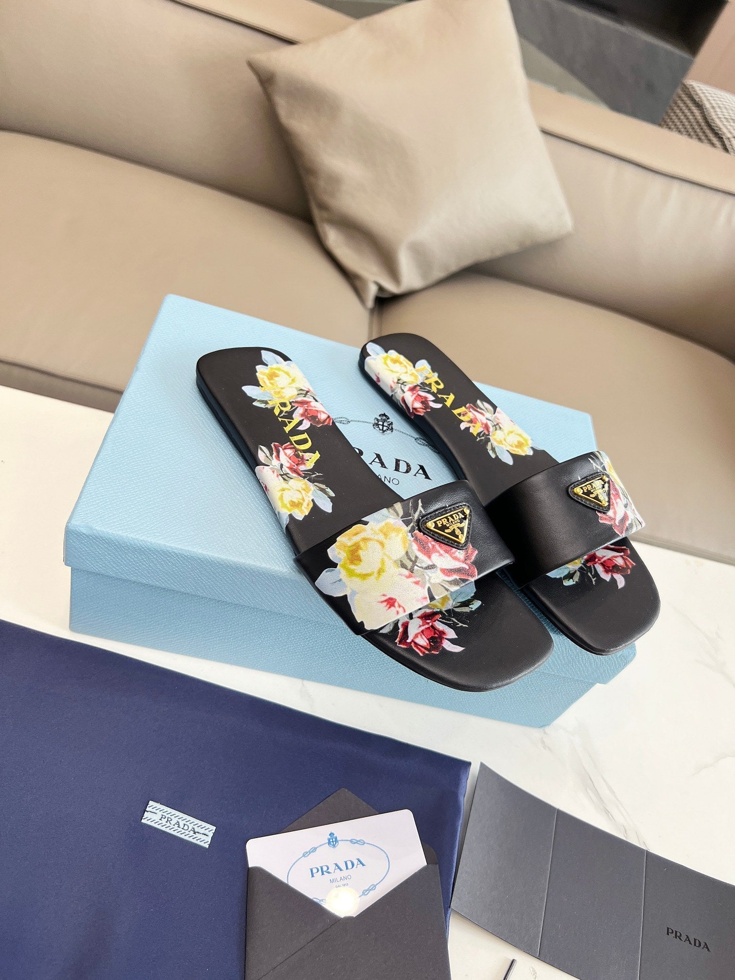 PRADA PRINTED SLIDES SLIPPERS BLACK LAMBSKIN