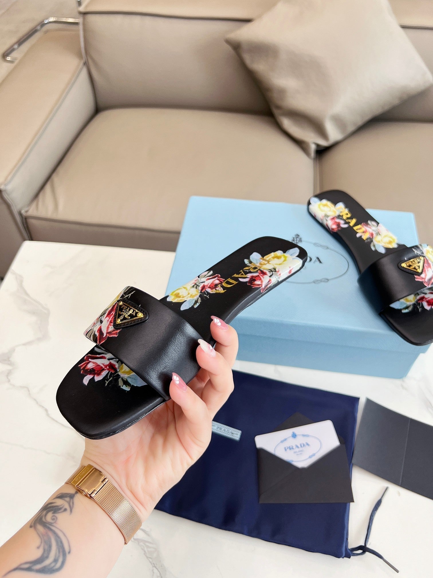 PRADA PRINTED SLIDES SLIPPERS BLACK LAMBSKIN