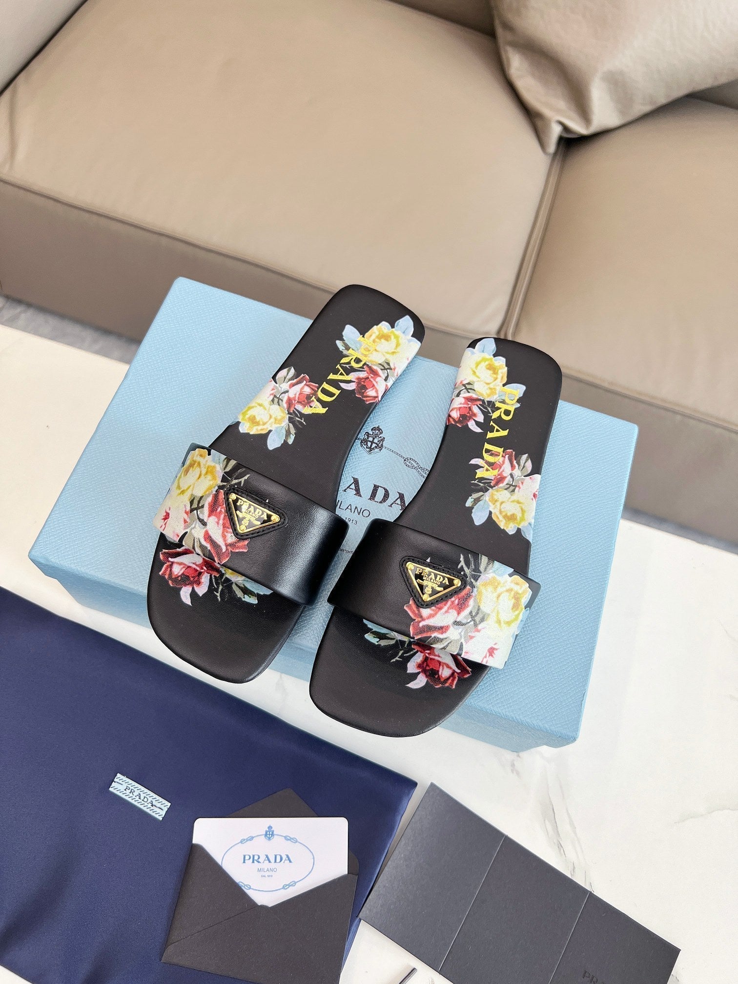 PRADA PRINTED SLIDES SLIPPERS BLACK LAMBSKIN