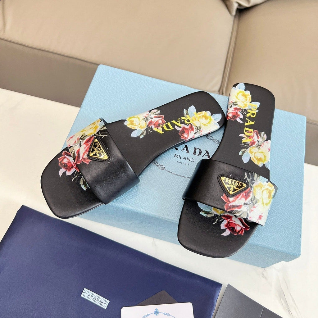 PRADA PRINTED SLIDES SLIPPERS BLACK LAMBSKIN