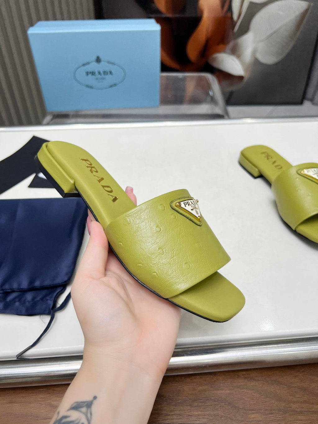 PRADA SAFFIANO PATENT SLIDES OSTRICH MOTIF PEAR CALFSKIN