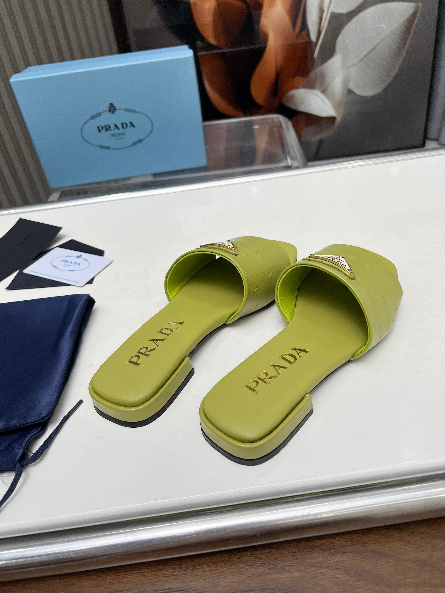 PRADA SAFFIANO PATENT SLIDES OSTRICH MOTIF PEAR CALFSKIN