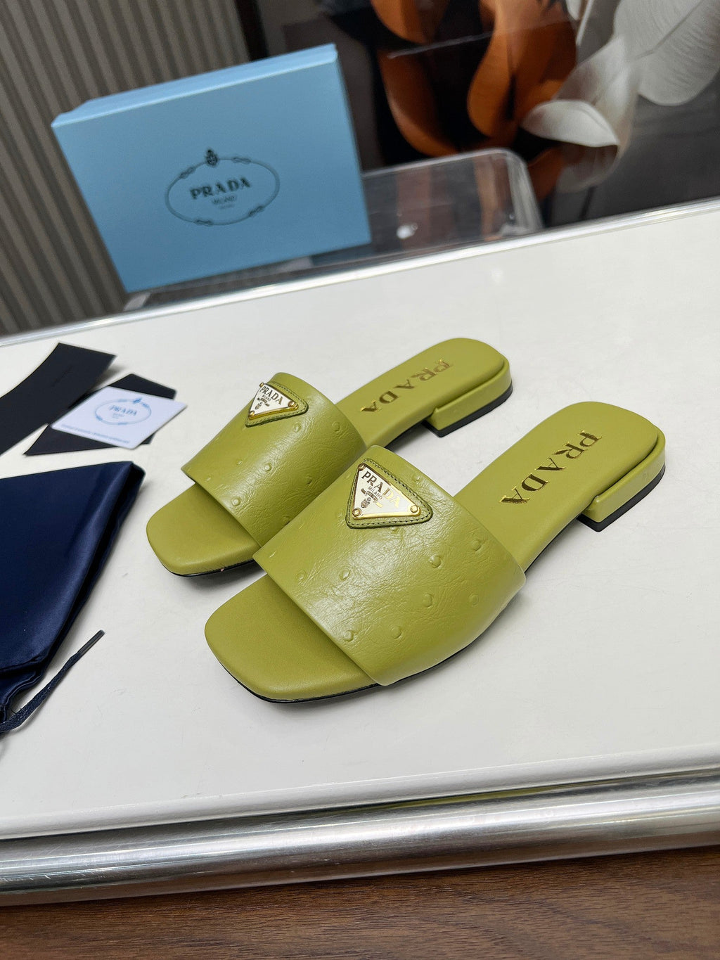 PRADA SAFFIANO PATENT SLIDES OSTRICH MOTIF PEAR CALFSKIN
