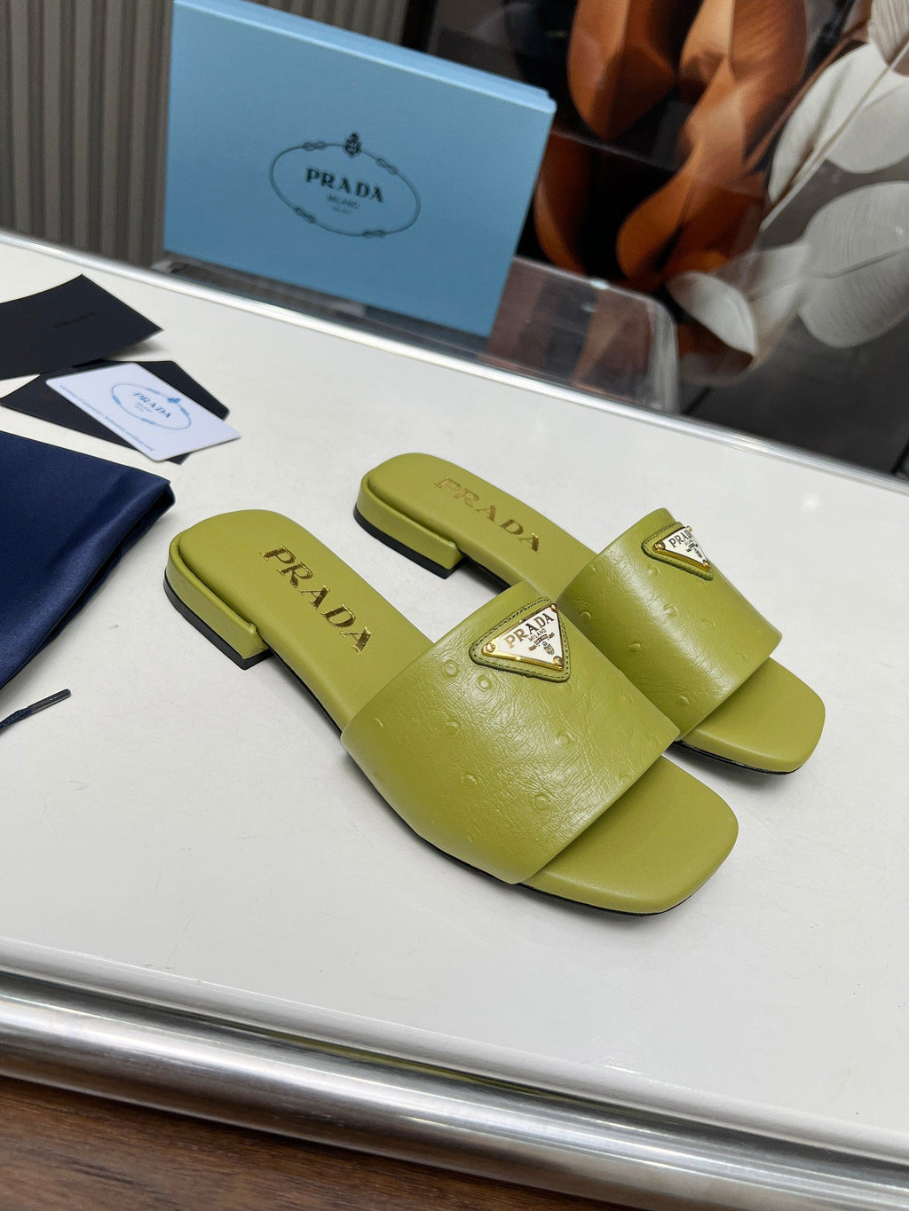 PRADA SAFFIANO PATENT SLIDES OSTRICH MOTIF PEAR CALFSKIN