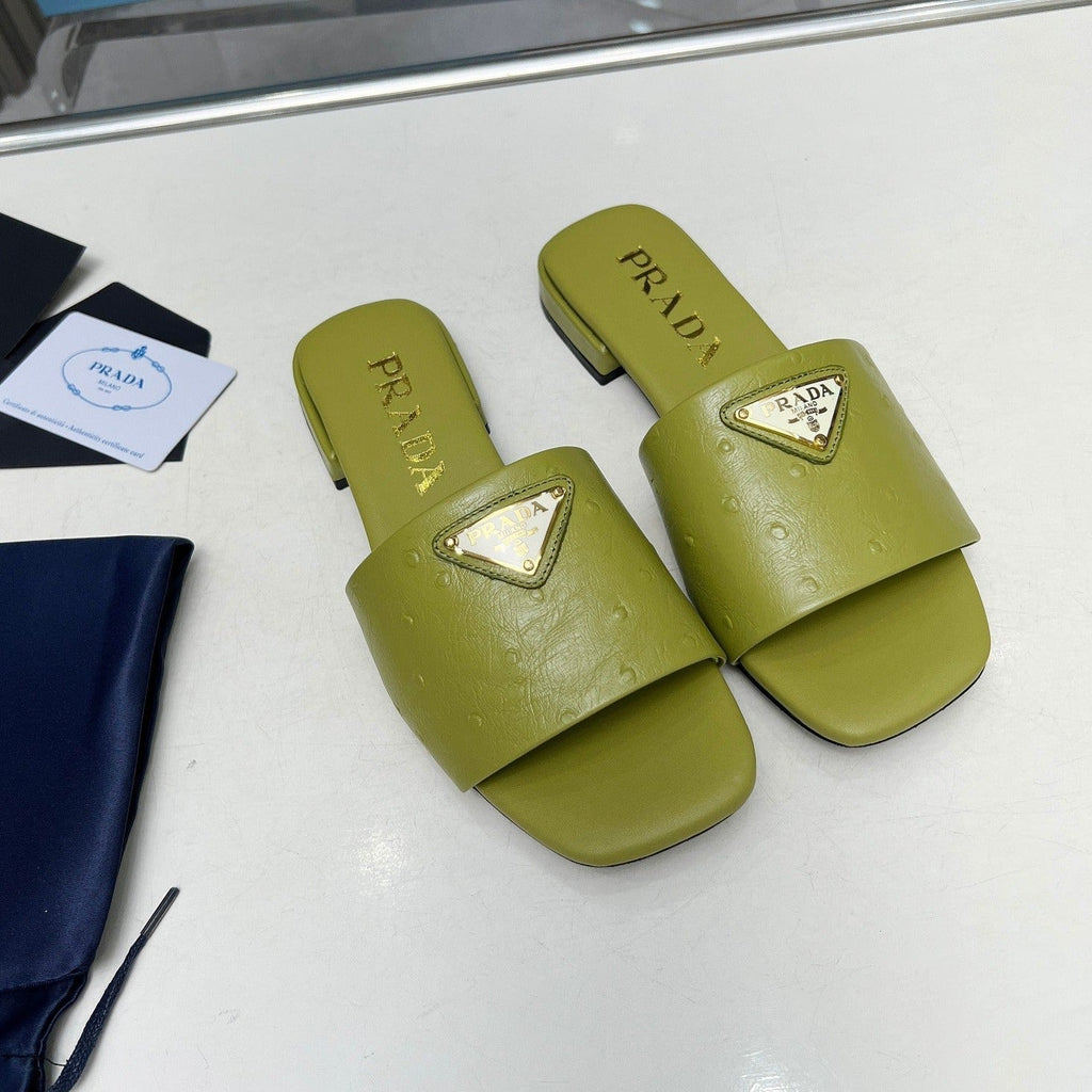 PRADA SAFFIANO PATENT SLIDES OSTRICH MOTIF PEAR CALFSKIN
