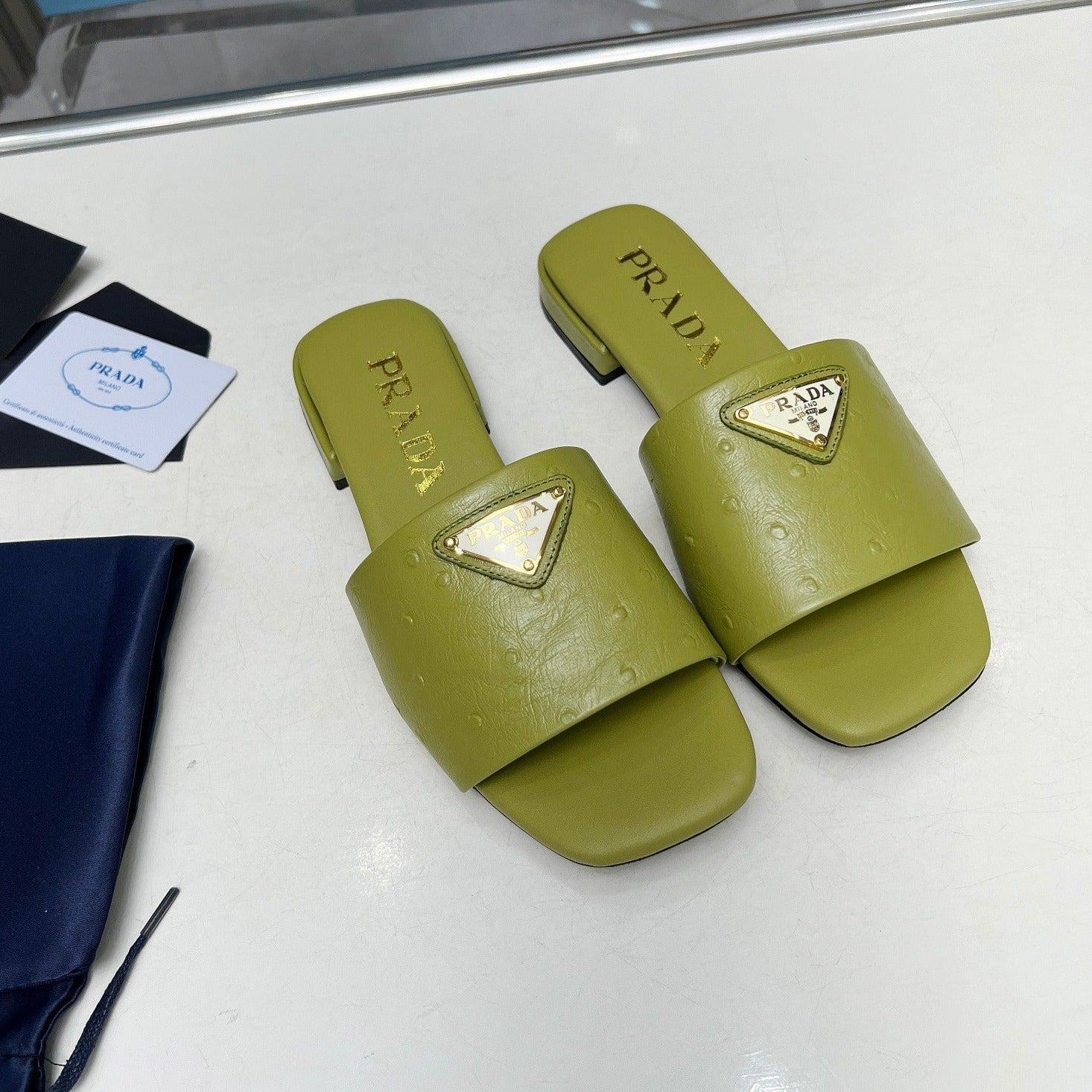 PRADA SAFFIANO PATENT SLIDES OSTRICH MOTIF PEAR CALFSKIN