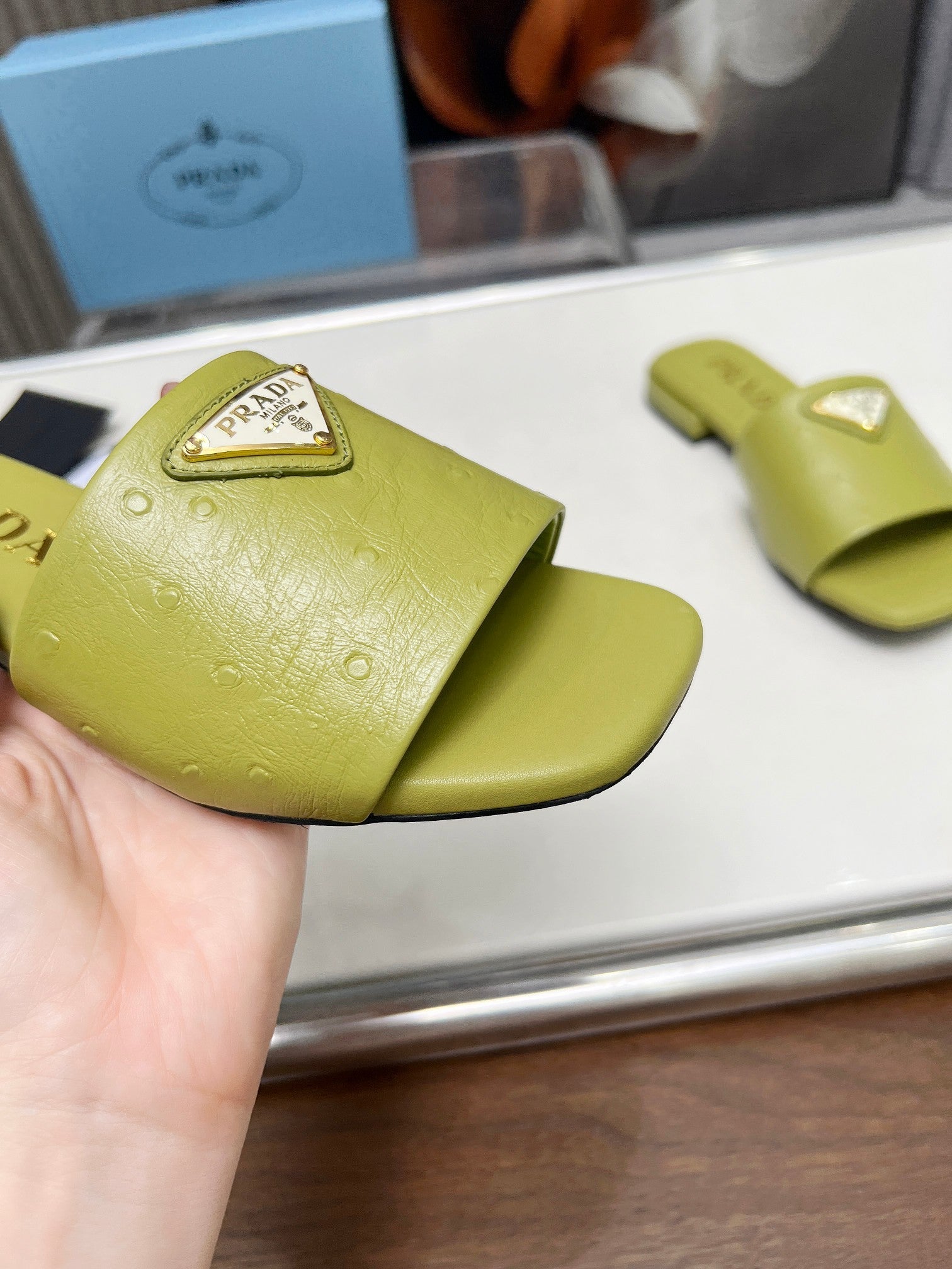 PRADA SAFFIANO PATENT SLIDES OSTRICH MOTIF PEAR CALFSKIN