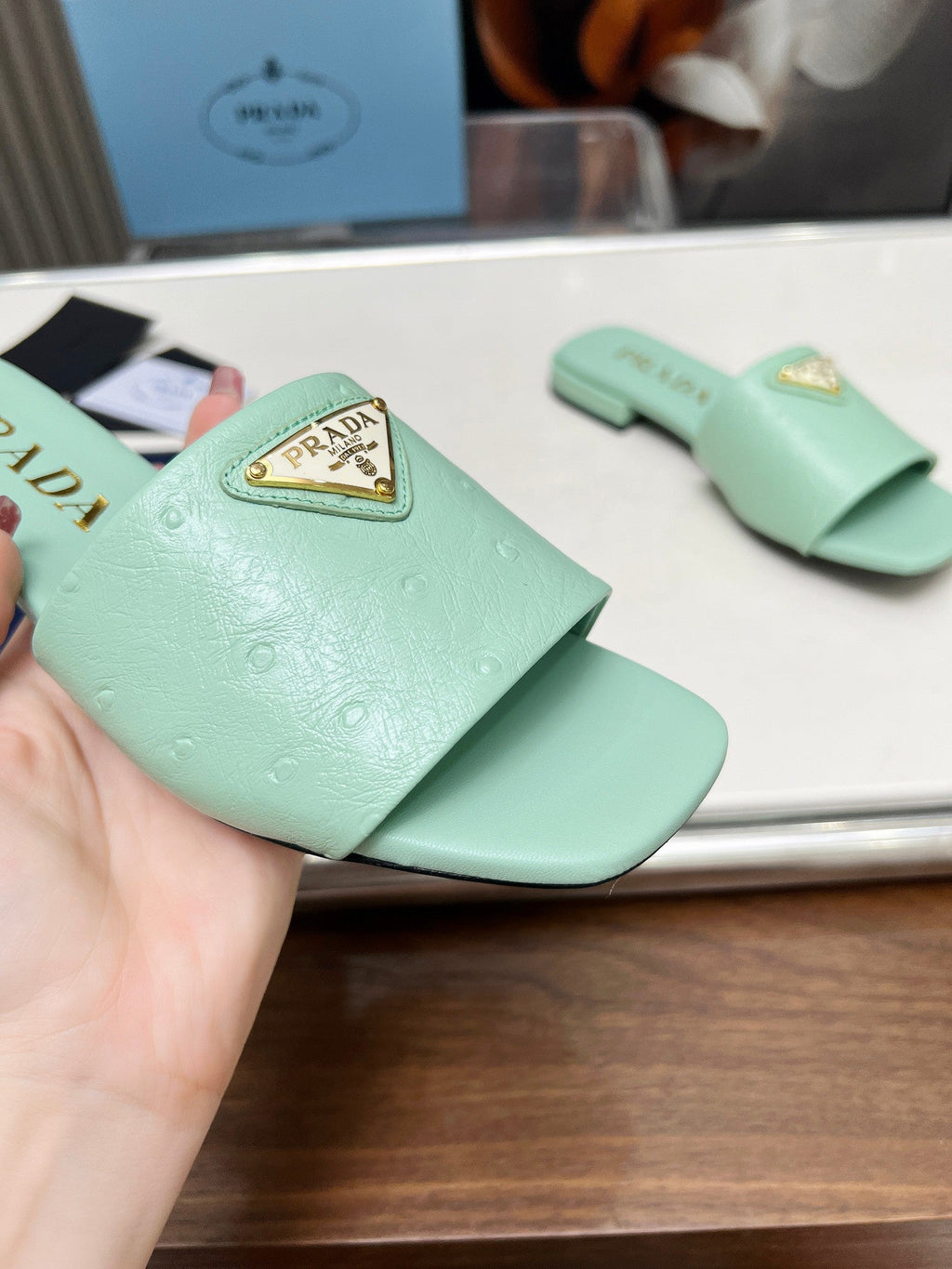 PRADA SAFFIANO PATENT SLIDES OSTRICH MOTIF SEAFOAM CALFSKIN