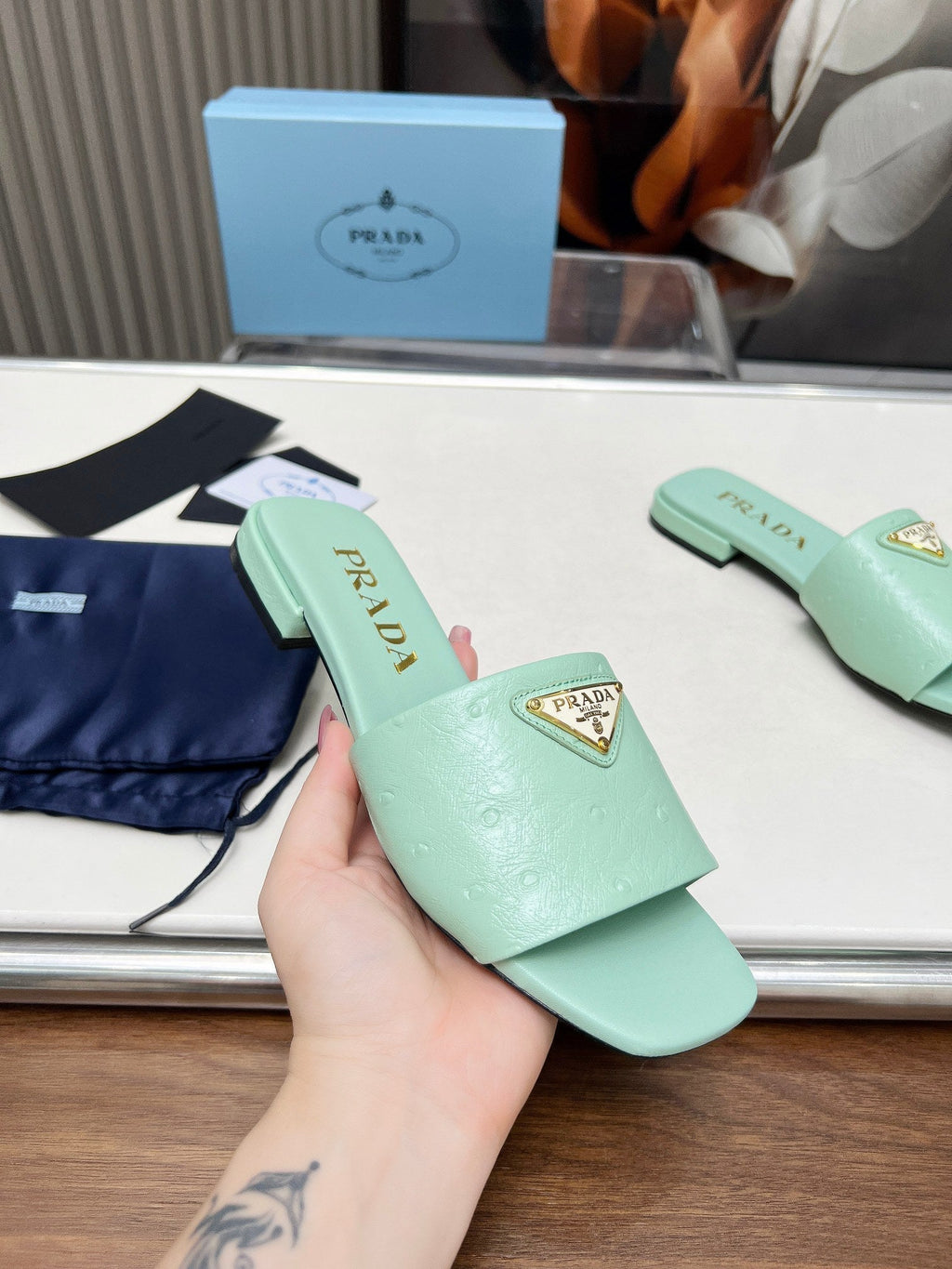 PRADA SAFFIANO PATENT SLIDES OSTRICH MOTIF SEAFOAM CALFSKIN