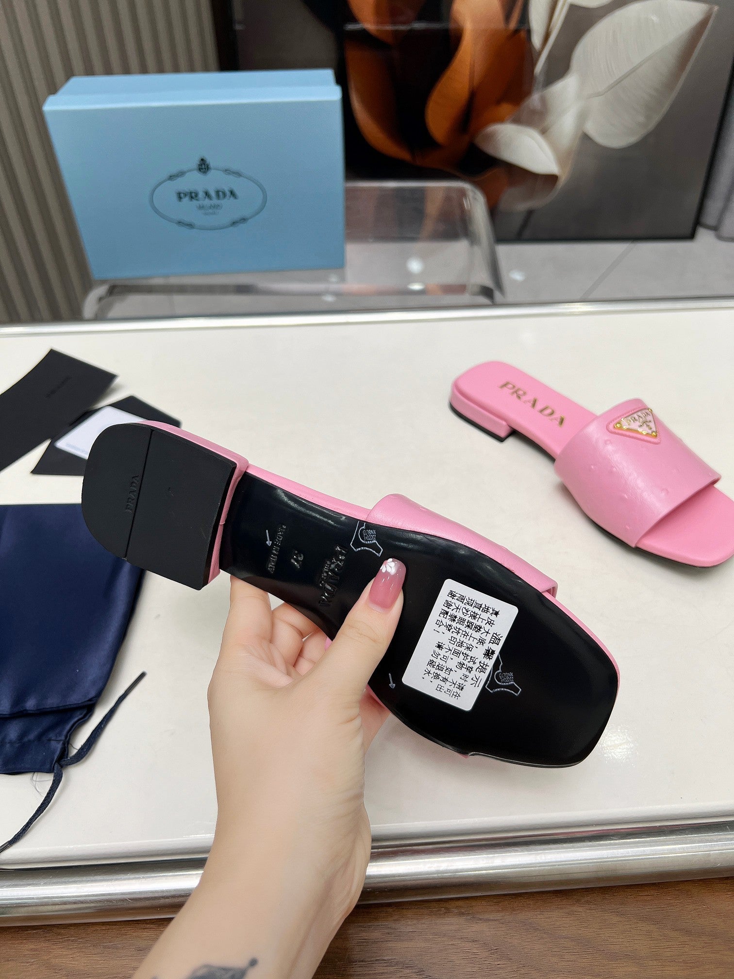 PRADA SAFFIANO PATENT SLIDES OSTRICH MOTIF PINK CALFSKIN